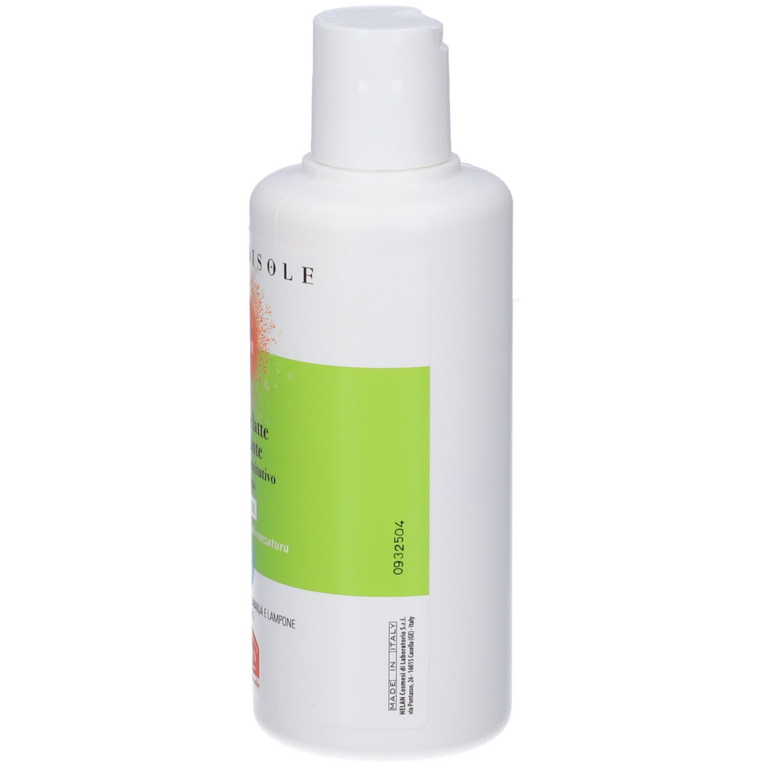 Flacone bianco con etichetta verde. Testo: VOGLIADISOLE, doposole latte reidratante. Con tappo a scatto. Numero 0932504.