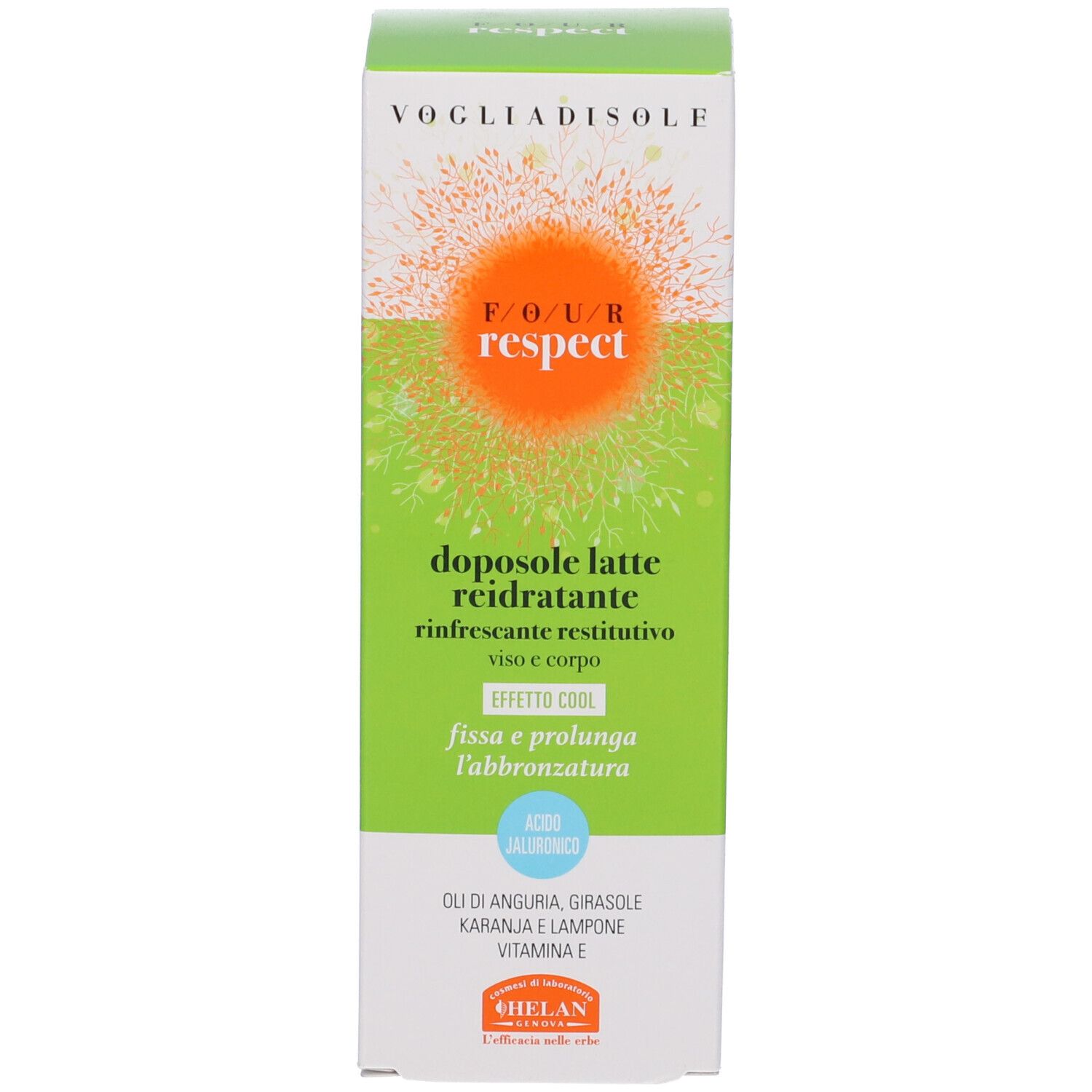 Confezione verde. Testo: VOGLIADISOLE, doposole latte reidratante, HELAN. Con logo arancione.