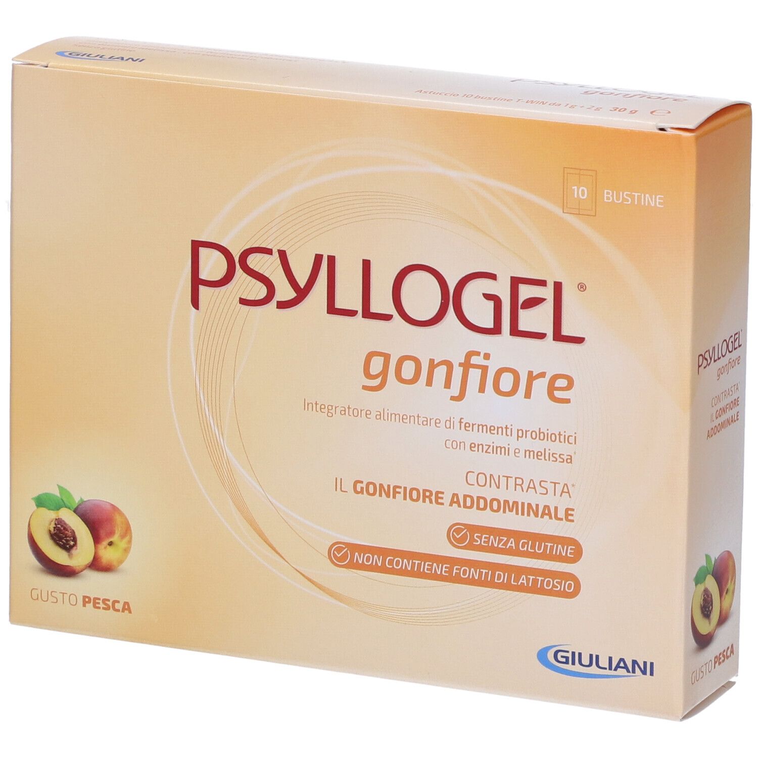 Scatola di PSYLLOGEL gonfiore. 10 bustine. Gusto pesca. Senza glutine. Senza lattosio. Logo Giuliani.