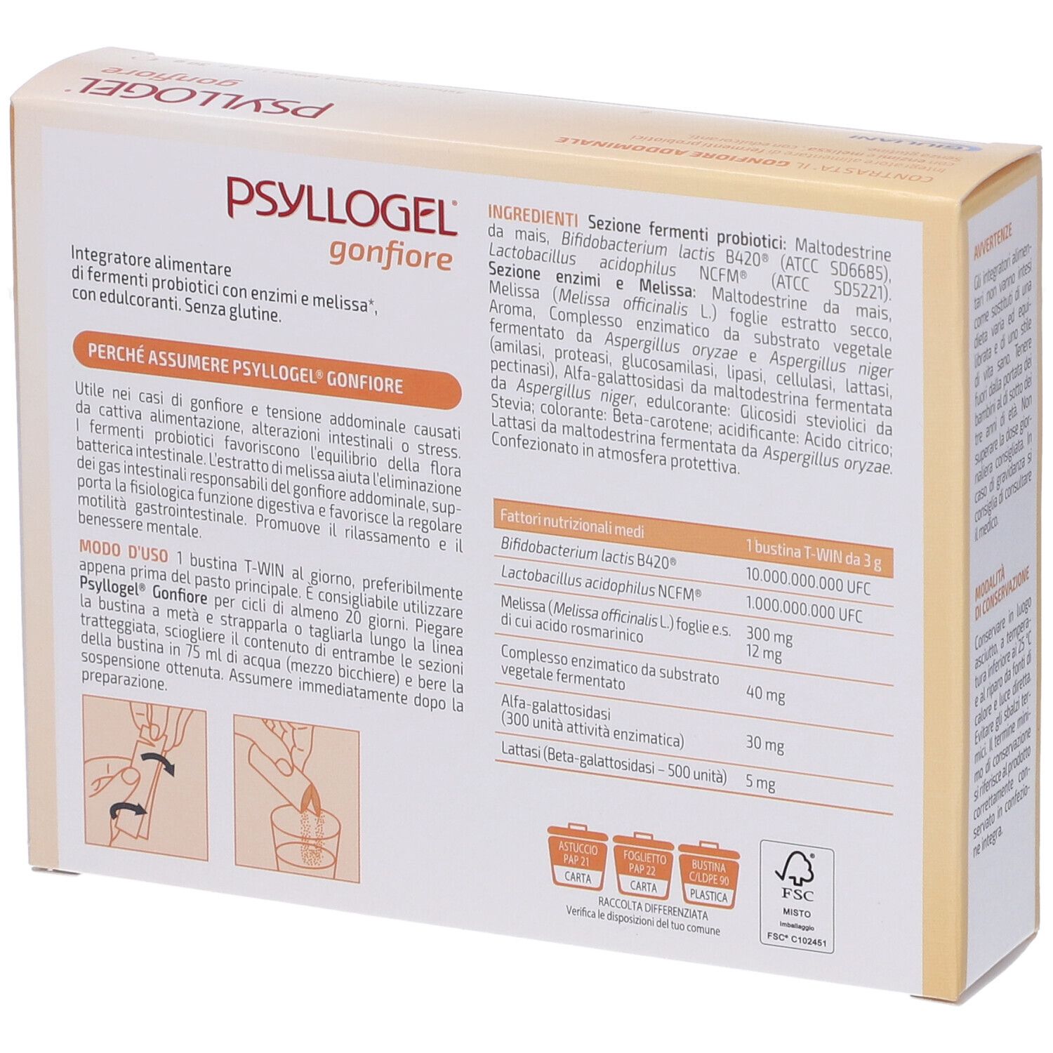 Retro della confezione PSYLLOGEL gonfiore. Testo: Ingredienti, istruzioni per l'uso. Senza glutine. Logo Giuliani.