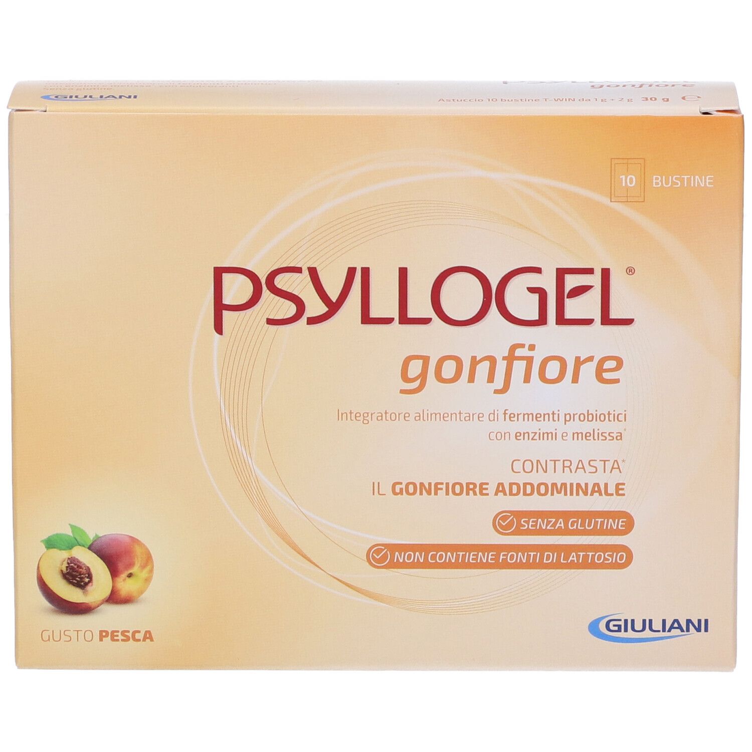 Scatola di PSYLLOGEL gonfiore. 10 bustine. Gusto pesca. Senza glutine. Senza lattosio. Logo Giuliani.