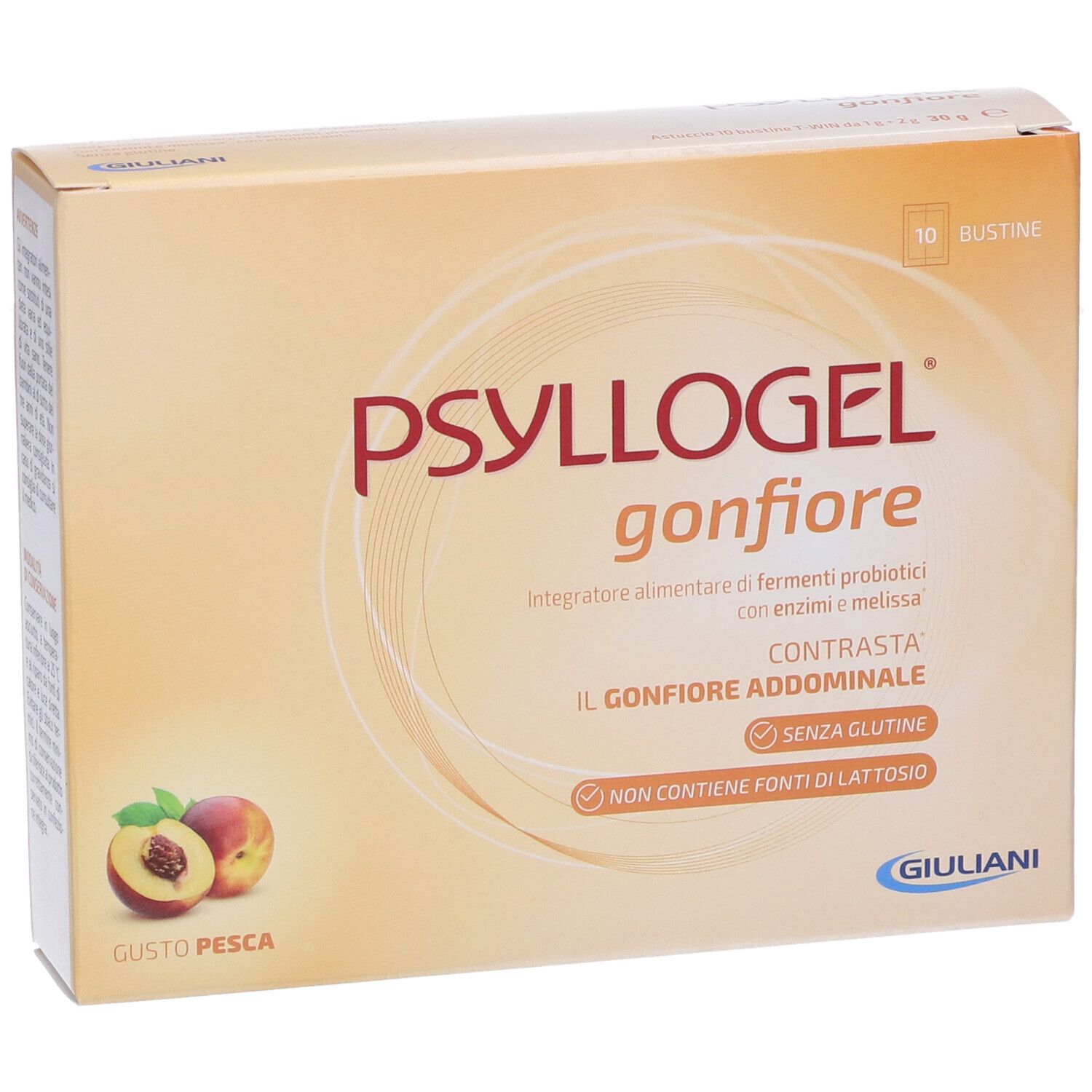 Scatola di PSYLLOGEL gonfiore. 10 bustine. Gusto pesca. Senza glutine. Senza lattosio. Logo Giuliani.