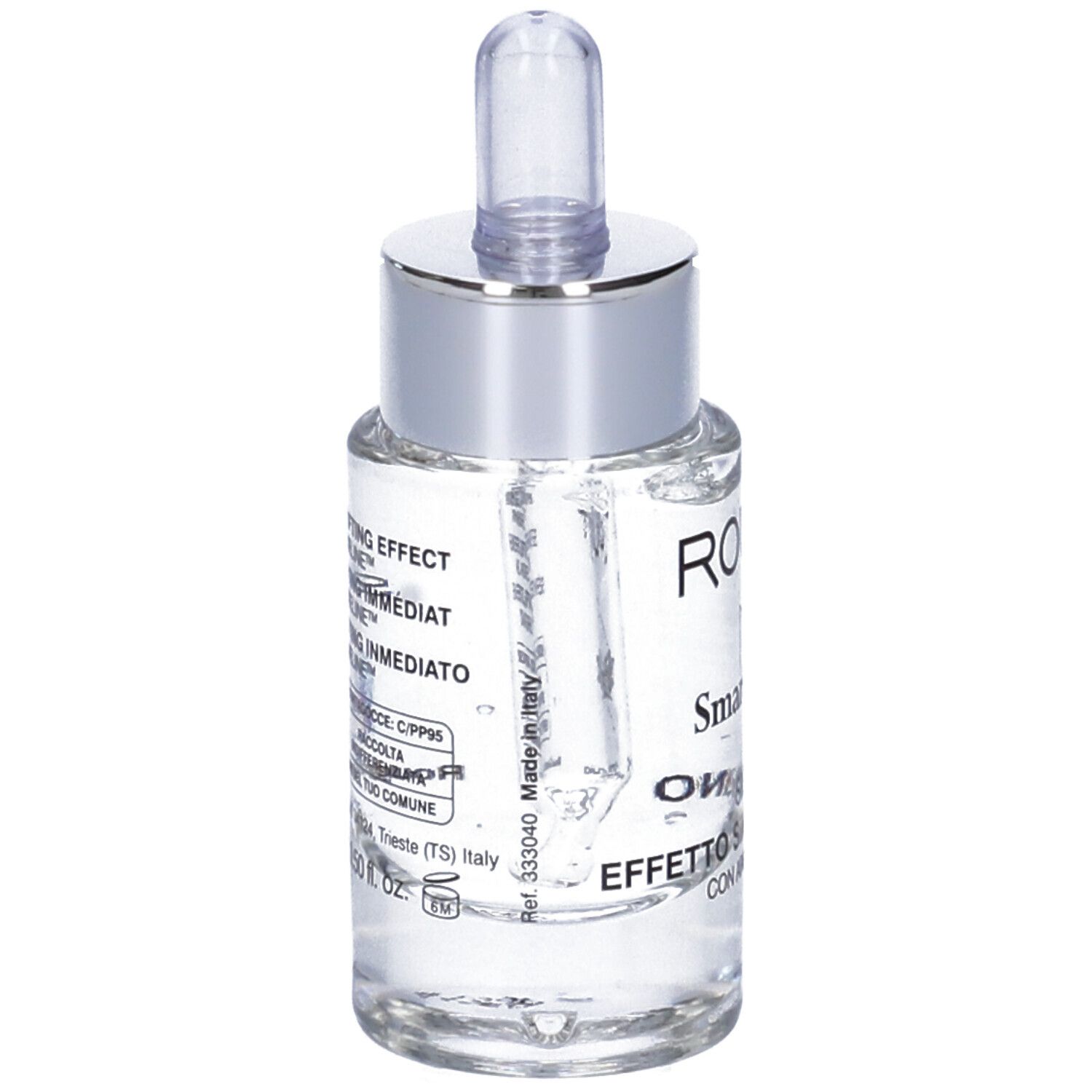 Flacone di vetro trasparente con tappo argentato e pipetta. Testo: ROUGJ+, Smartfiller, Siero Effetto Simil-botulino.