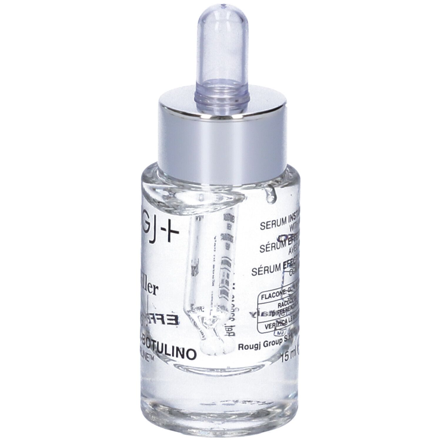 Flacone di vetro trasparente con tappo argentato e pipetta. Testo: ROUGJ+, Smartfiller, Siero Effetto Simil-botulino.