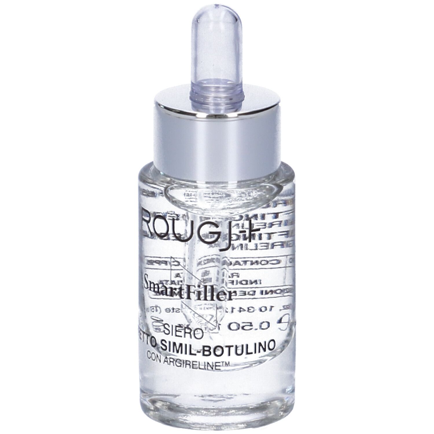 Flacone di vetro trasparente con tappo argentato e pipetta. Testo: ROUGJ+, Smartfiller, Siero Effetto Simil-botulino.