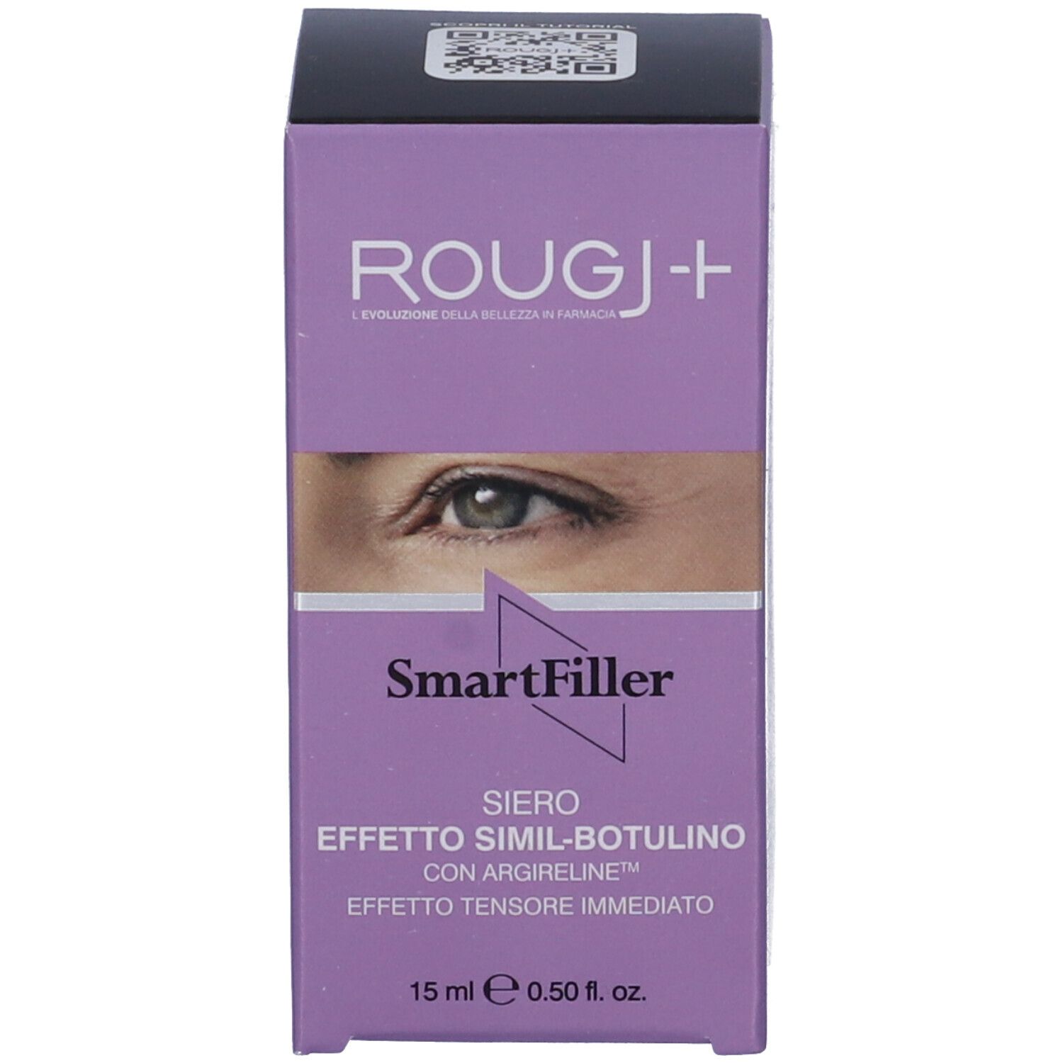 Confezione del prodotto. Scatola viola con nome del prodotto e immagine dell'occhio. Testo: Smartfiller, Siero Effetto Simil-botulino.