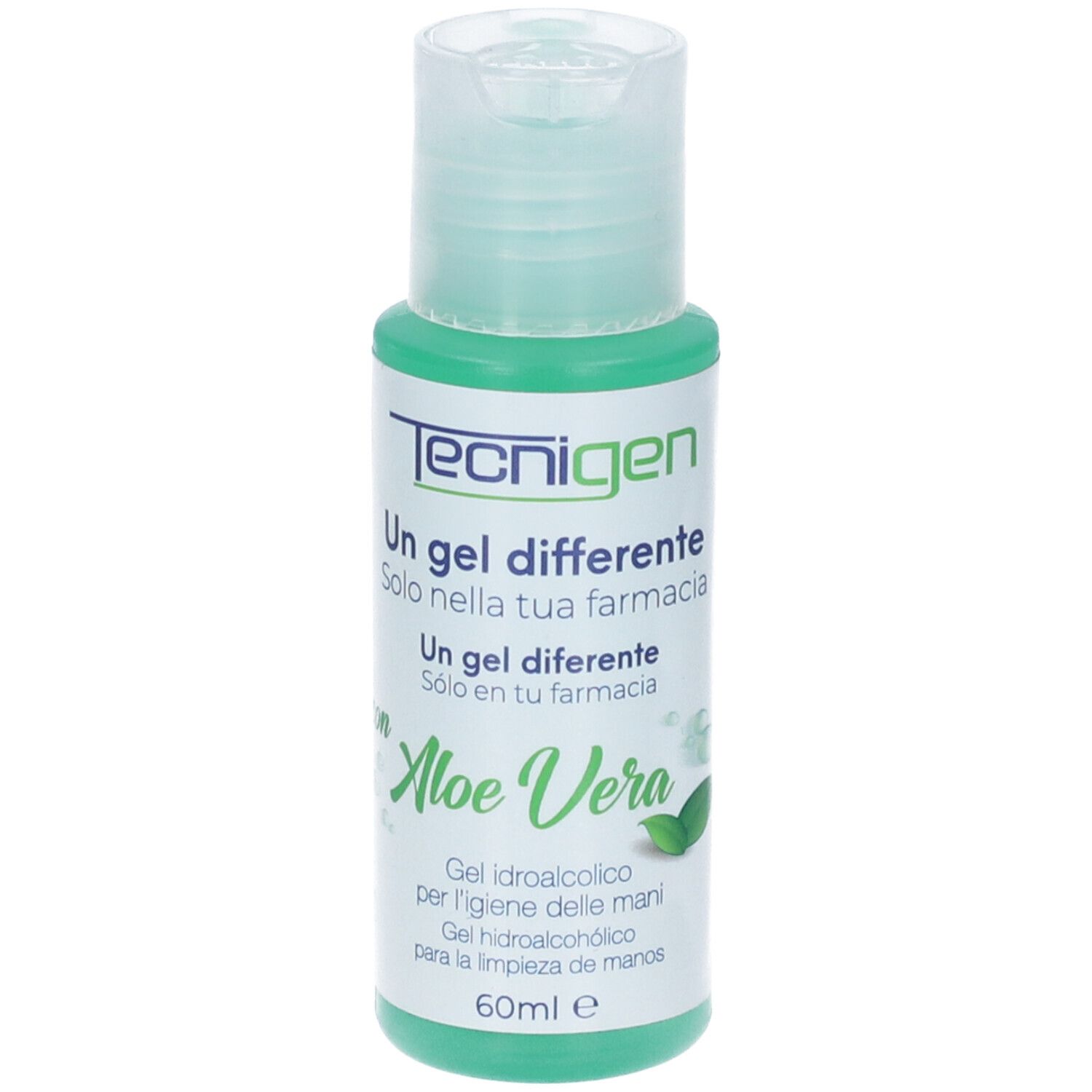 Flacone verde con tappo a ribalta. Scritta Tecnigen, Aloe Vera. Gel mani. 60ml.