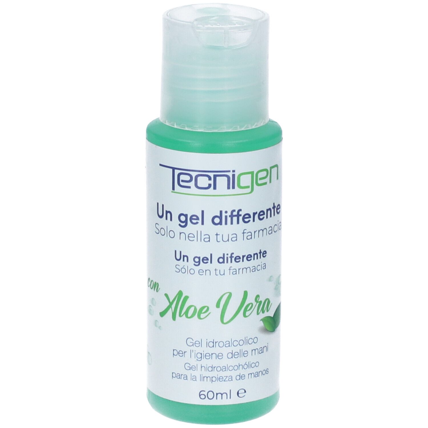 Flacone verde con tappo a ribalta. Scritta Tecnigen, Aloe Vera. Gel mani. 60ml.