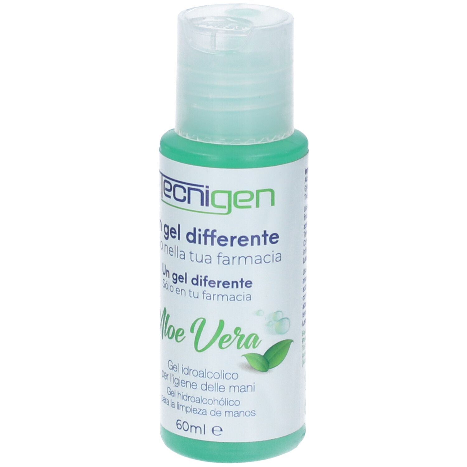 Flacone verde con tappo a ribalta. Scritta Tecnigen, Aloe Vera. Gel mani. 60ml.