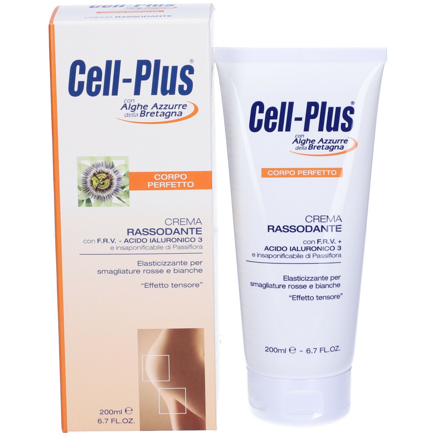 Confezione del prodotto con tubo. Scatola e tubo con stampa blu-arancio. Testo: Cell-Plus, Crema Rassodante. 200ml.