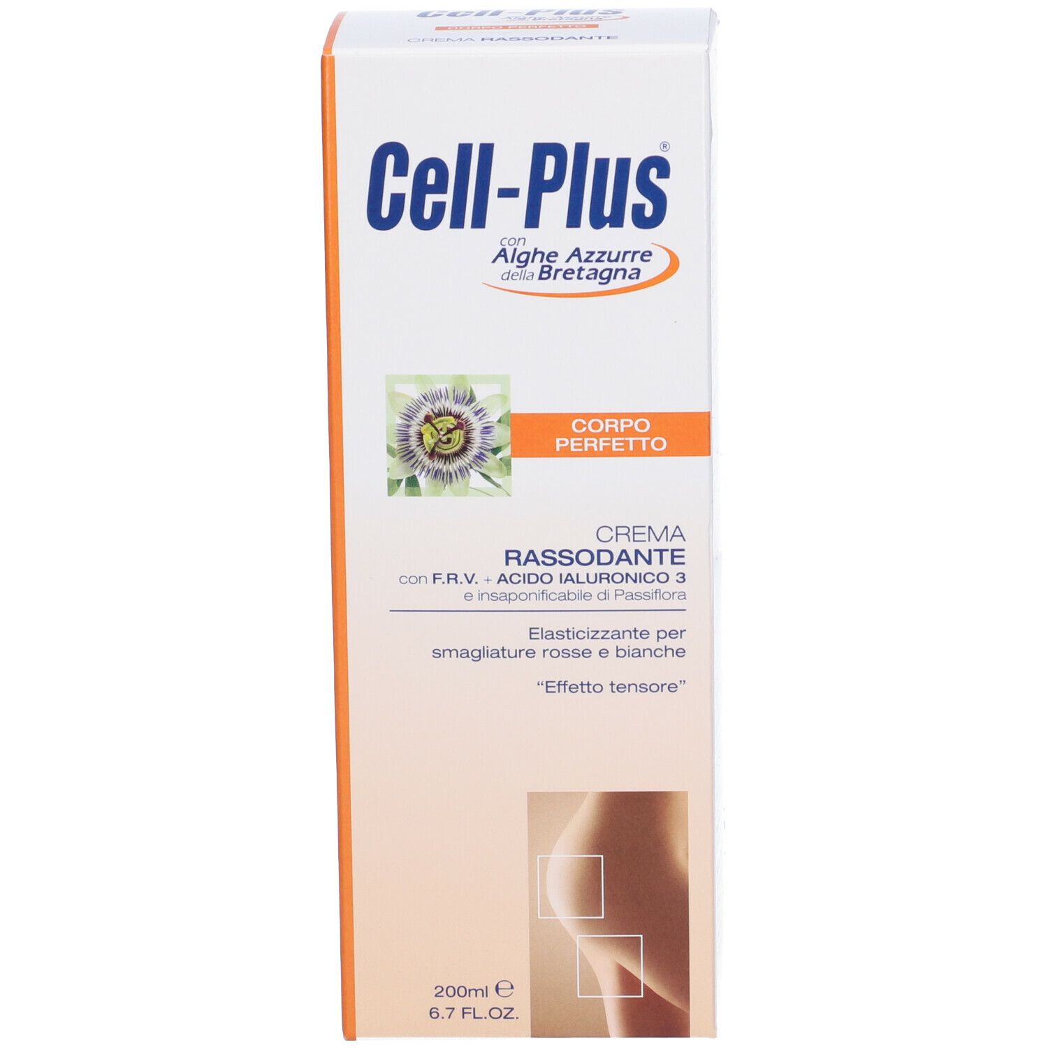 Confezione del prodotto. Scatola con stampa blu-arancio. Testo: Cell-Plus, Crema Rassodante. 200ml. Immagine di una donna.