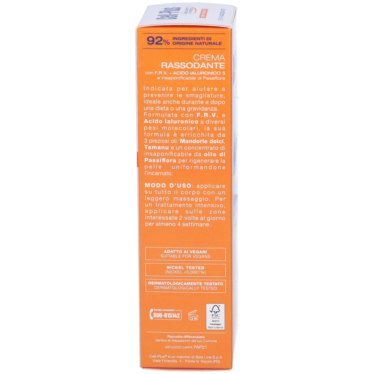 Confezione del prodotto. Scatola con stampa blu-arancio. Testo: Cell-Plus, Crema Rassodante. 92% ingredienti naturali.