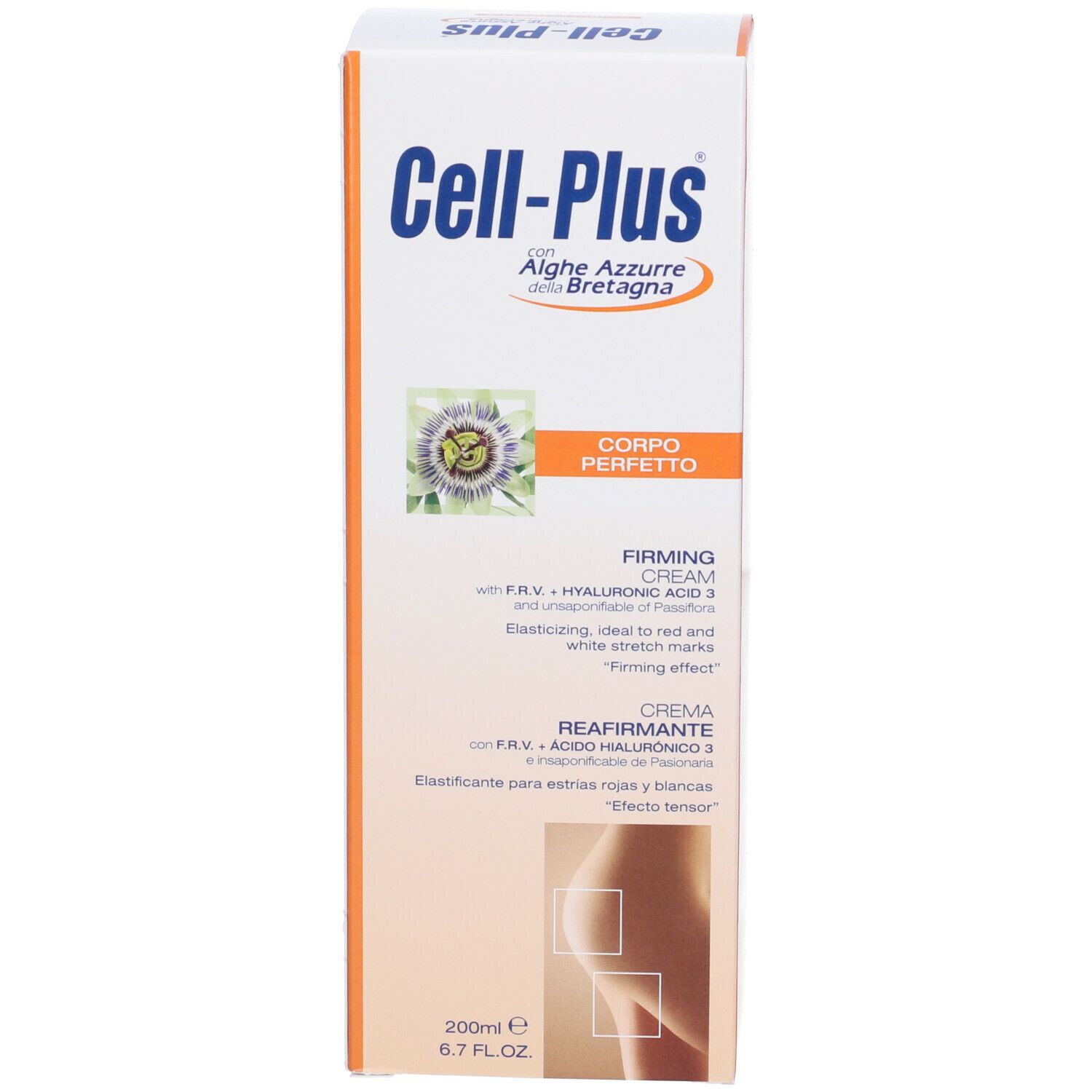 Confezione del prodotto. Scatola con stampa blu-arancio. Testo: Cell-Plus, Crema Rassodante. 200ml. Immagine di una donna.
