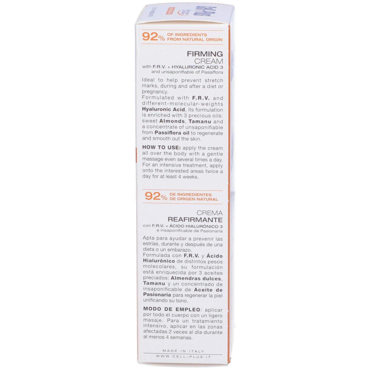 Confezione del prodotto. Scatola con stampa blu-arancio. Testo: Cell-Plus, Crema Rassodante. 92% ingredienti naturali.