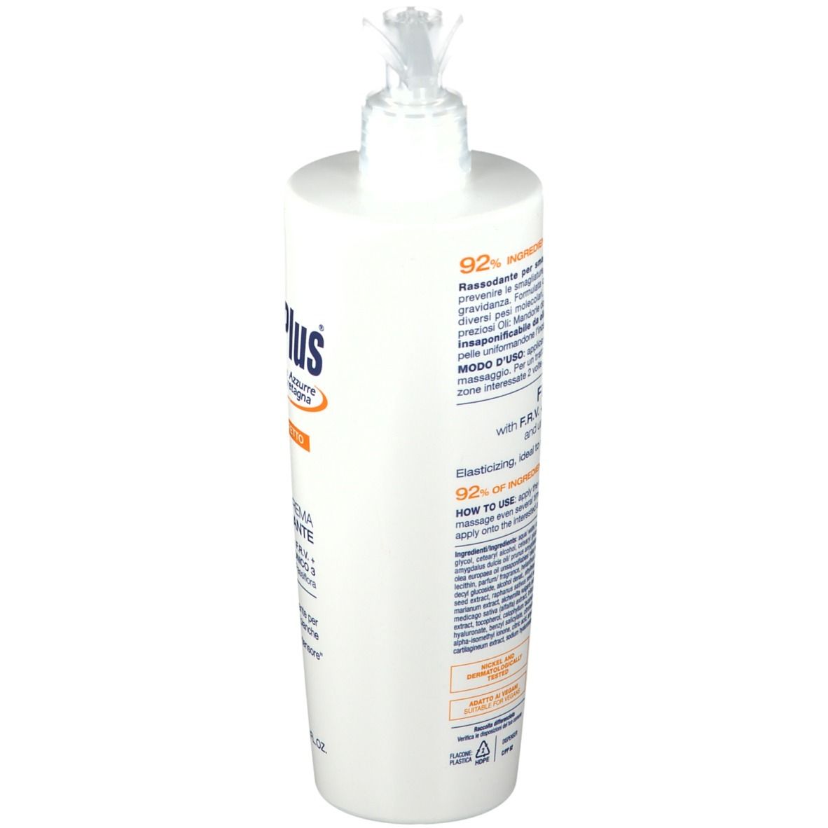 Flacone bianco con dosatore a pompa. Scritta Cell-Plus, Crema RASSODANTE. Testo in italiano.