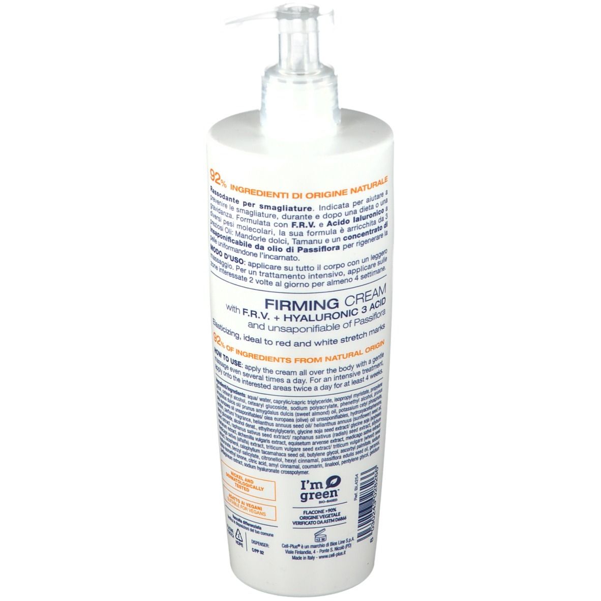 Flacone bianco con dosatore a pompa. Scritta Cell-Plus, Crema RASSODANTE. Testo in italiano.
