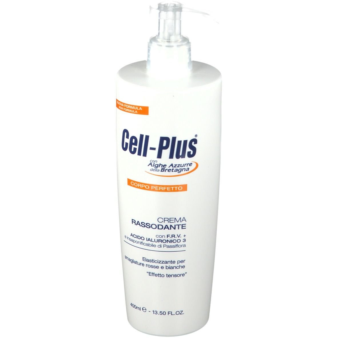 Flacone bianco con dosatore a pompa. Scritta Cell-Plus, Crema RASSODANTE. Testo in italiano.