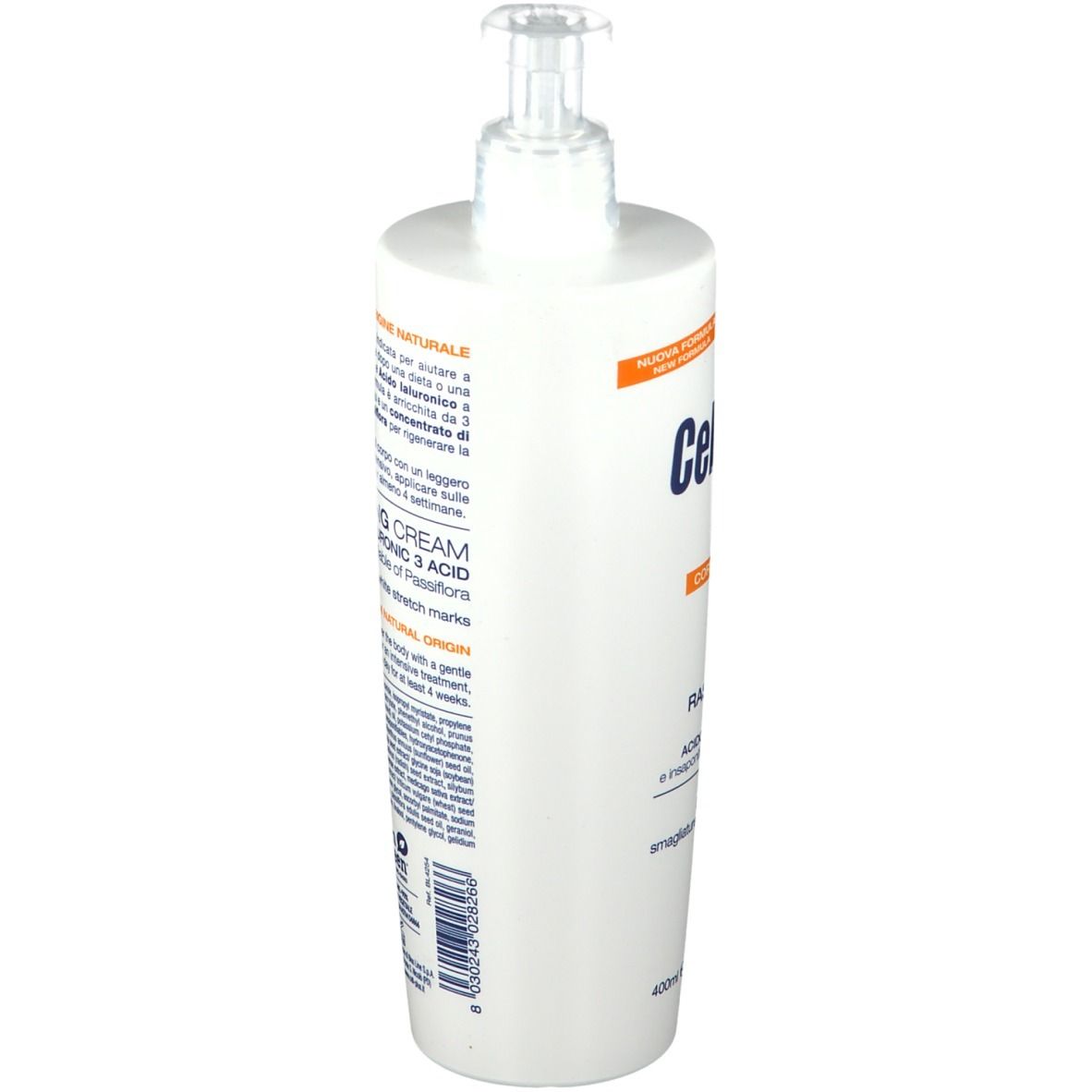 Flacone bianco con dosatore a pompa. Scritta Cell-Plus, Crema RASSODANTE. Testo in italiano.