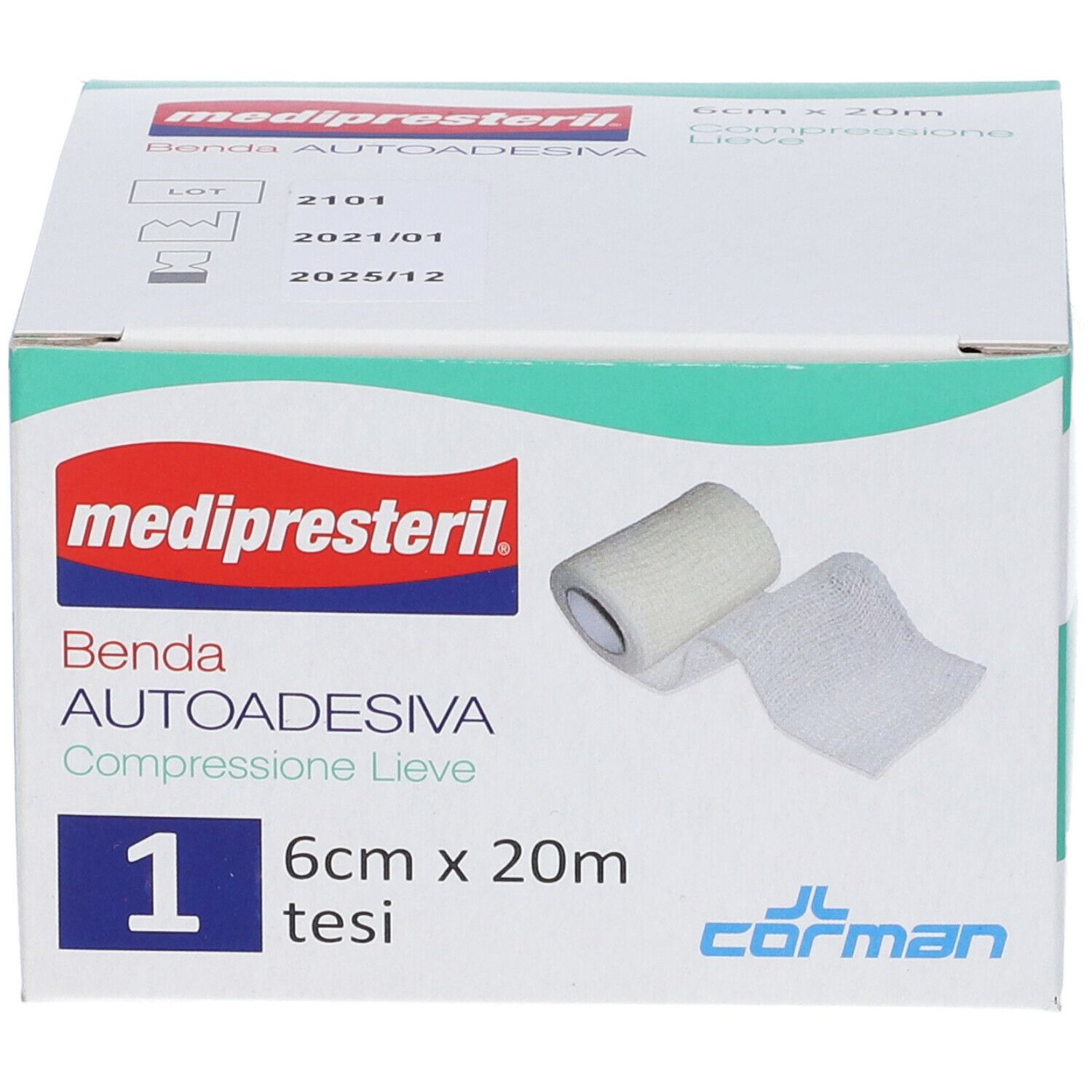 Confezione di Medipresteril Benda Autoadesiva. Benda bianca, 6cm x 20m. Marchio e nome del prodotto visibili.