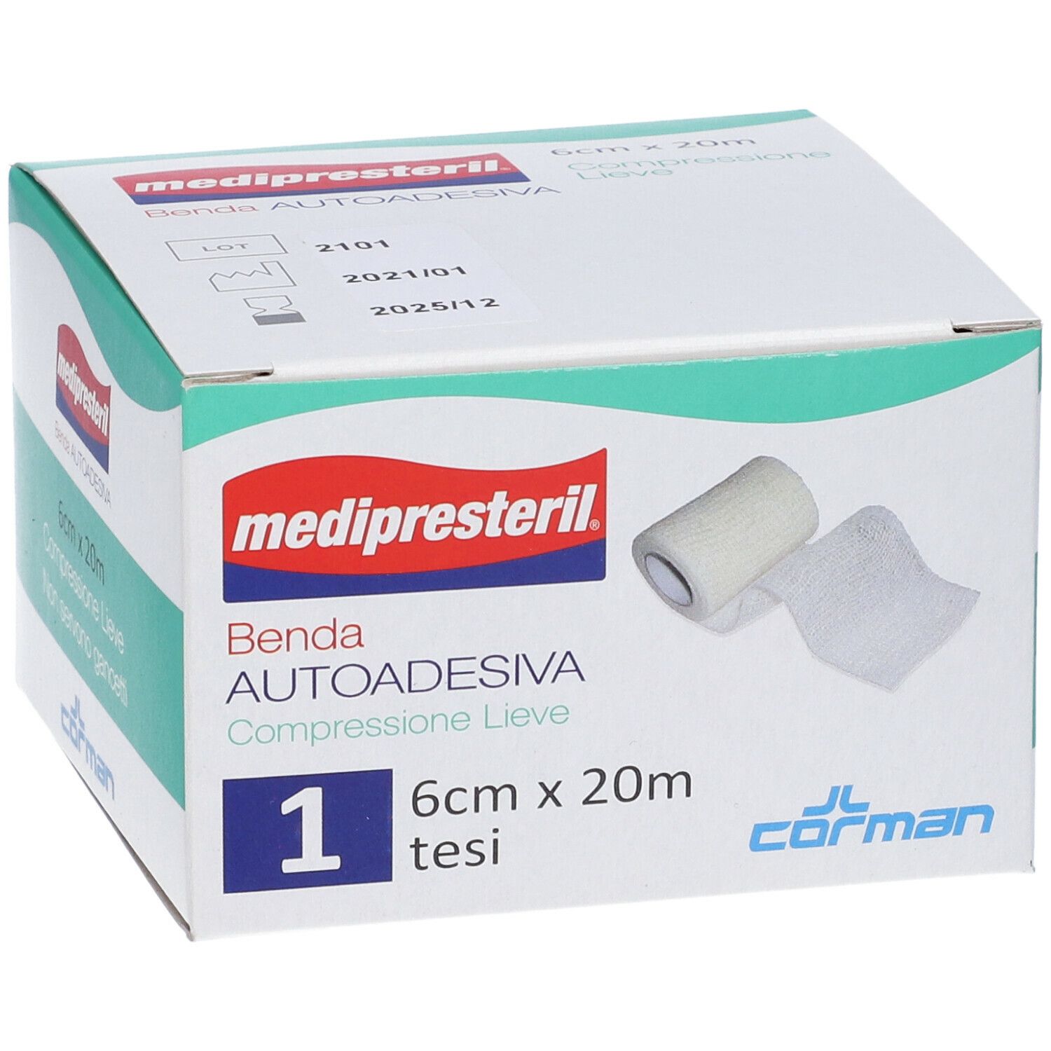 Confezione di Medipresteril Benda Autoadesiva. Benda bianca, 6cm x 20m. Marchio e nome del prodotto visibili.