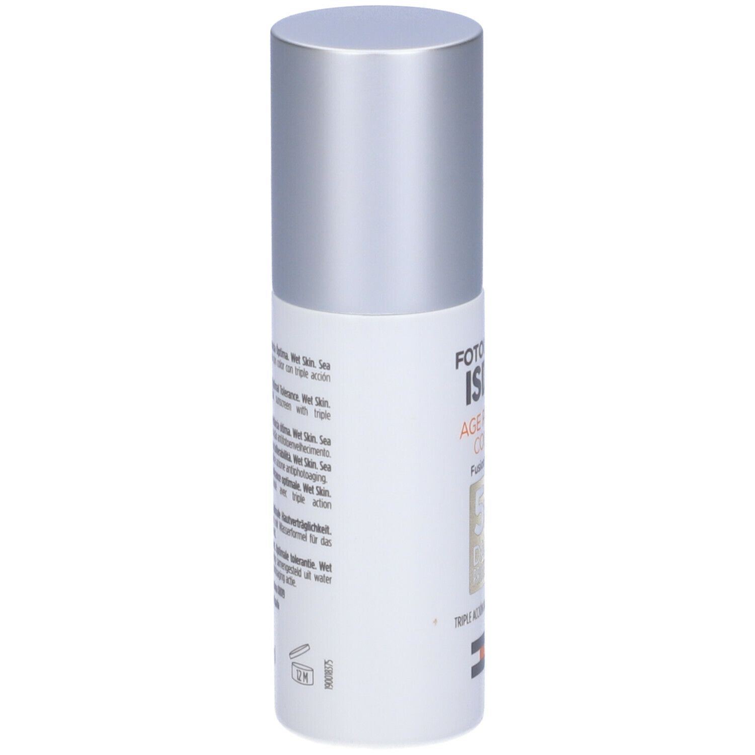 Flacone cilindrico con tappo argentato. Testo: ISDIN, AGE REPAIR COLOR. Iscrizioni con informazioni in diverse lingue.