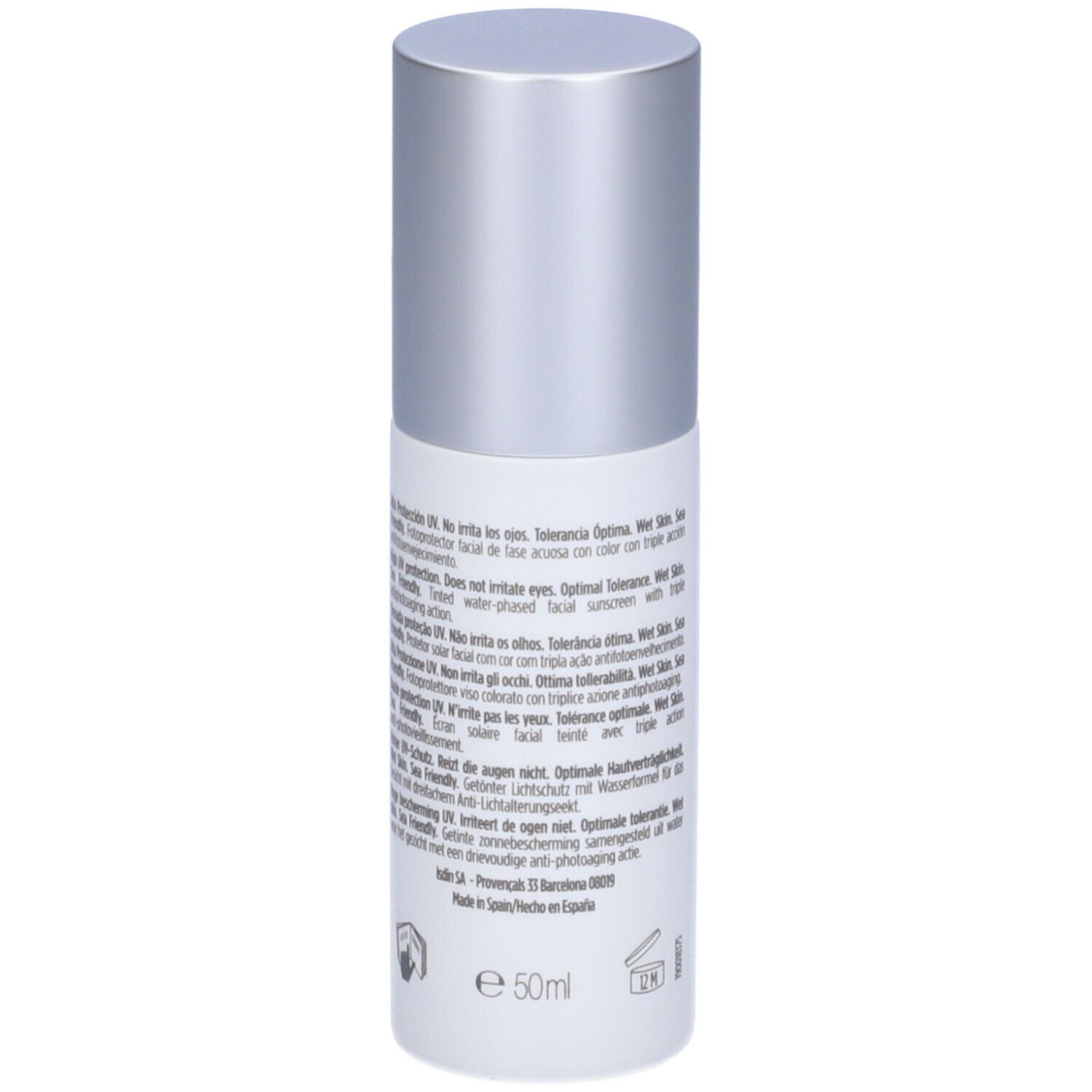 Flacone cilindrico con tappo argentato. Testo: ISDIN, AGE REPAIR COLOR. Iscrizioni con informazioni in diverse lingue.