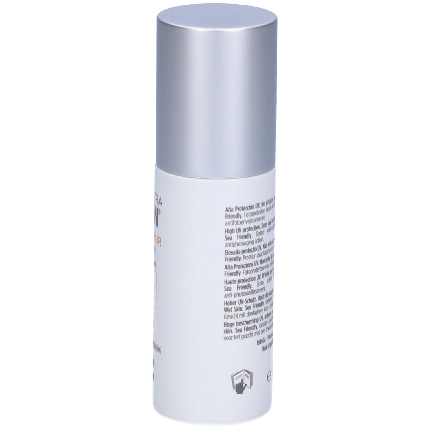 Flacone cilindrico con tappo argentato. Testo: ISDIN, AGE REPAIR COLOR. Iscrizioni con informazioni in diverse lingue.