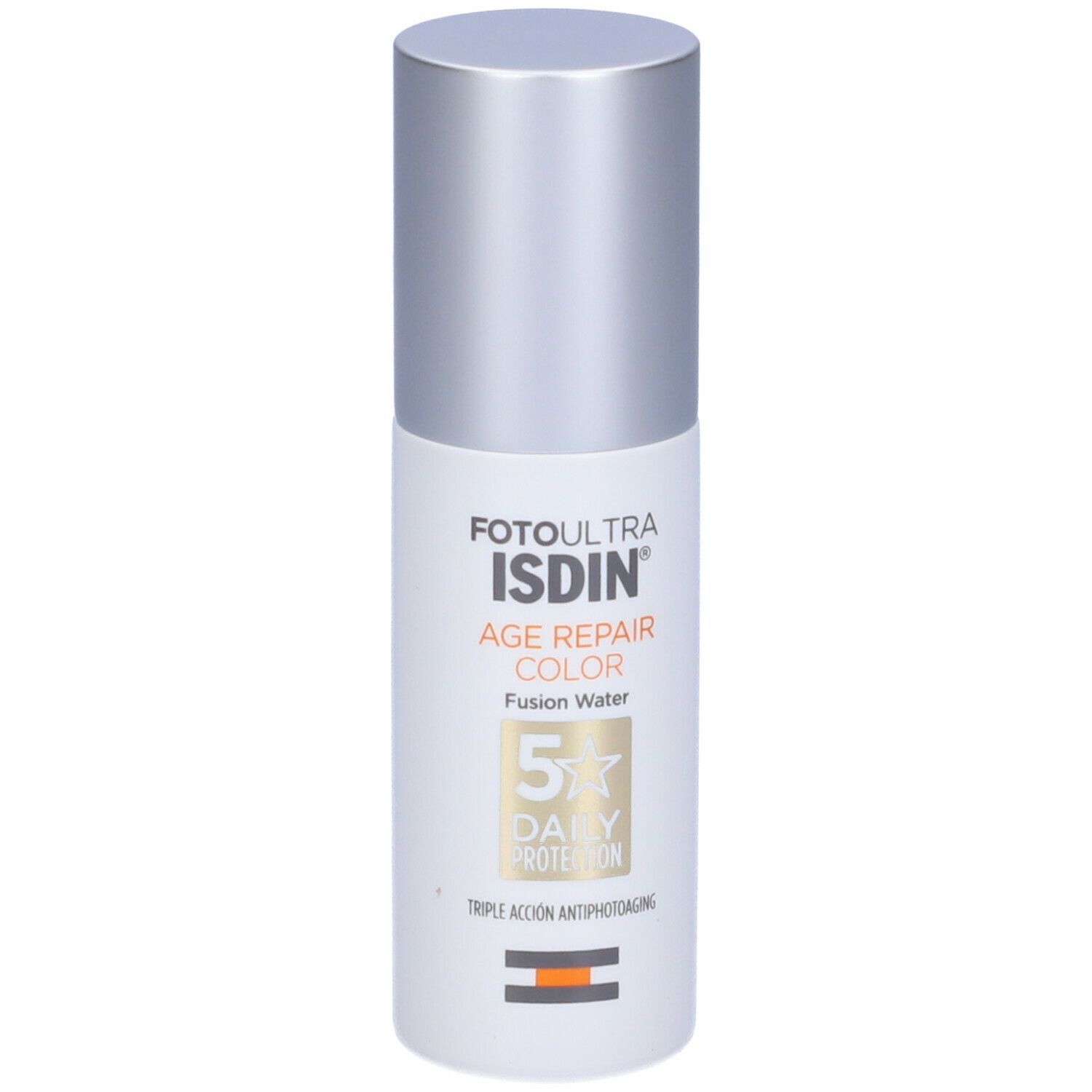 Flacone cilindrico con tappo argentato. Testo: ISDIN, AGE REPAIR COLOR, 5 Daily Protection. Striscia arancione.