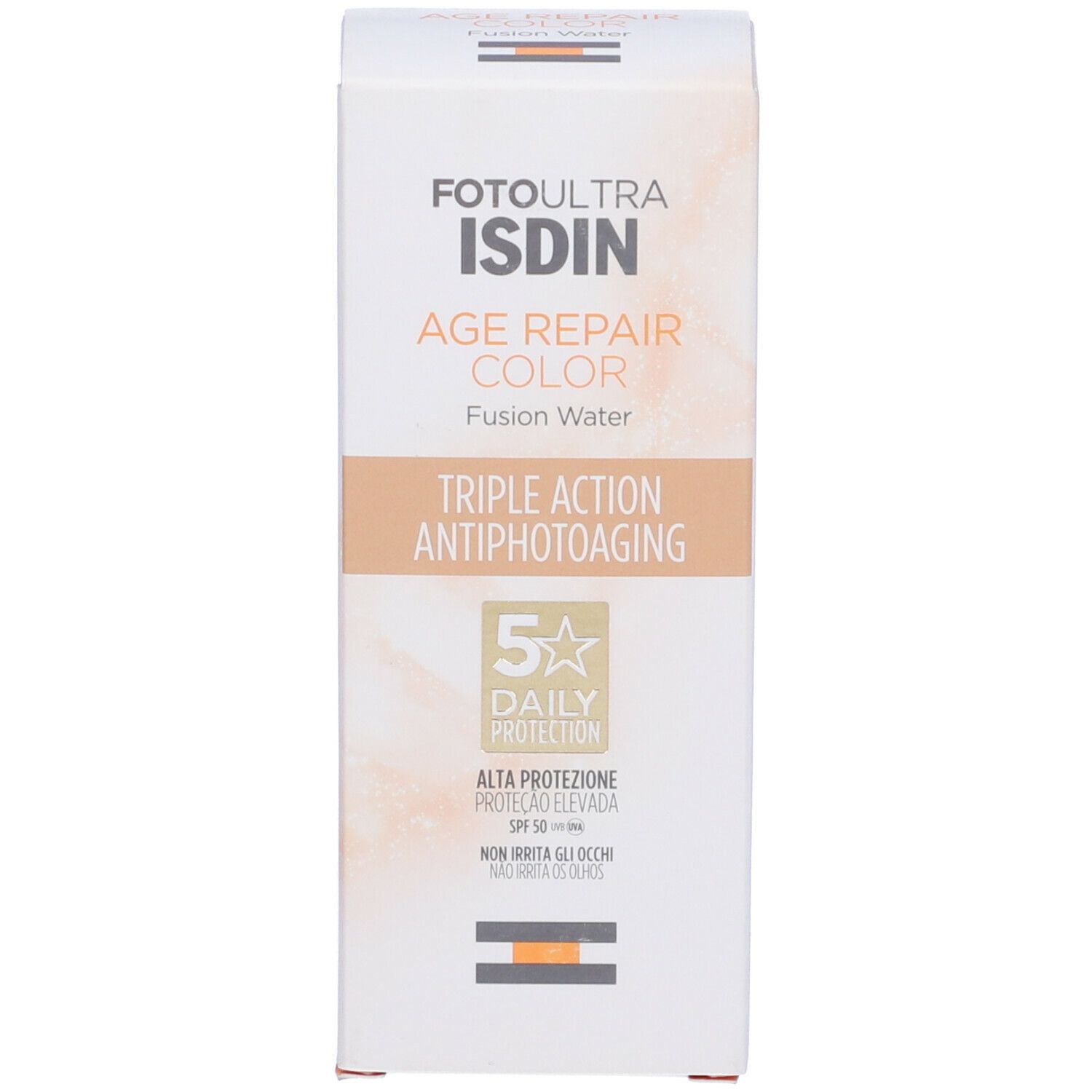 Scatola bianca con nome e logo del prodotto. Testo: AGE REPAIR COLOR, TRIPLE ACCIÓN ANTIPHOTOAGING, 5 Daily Protection, SPF 50.