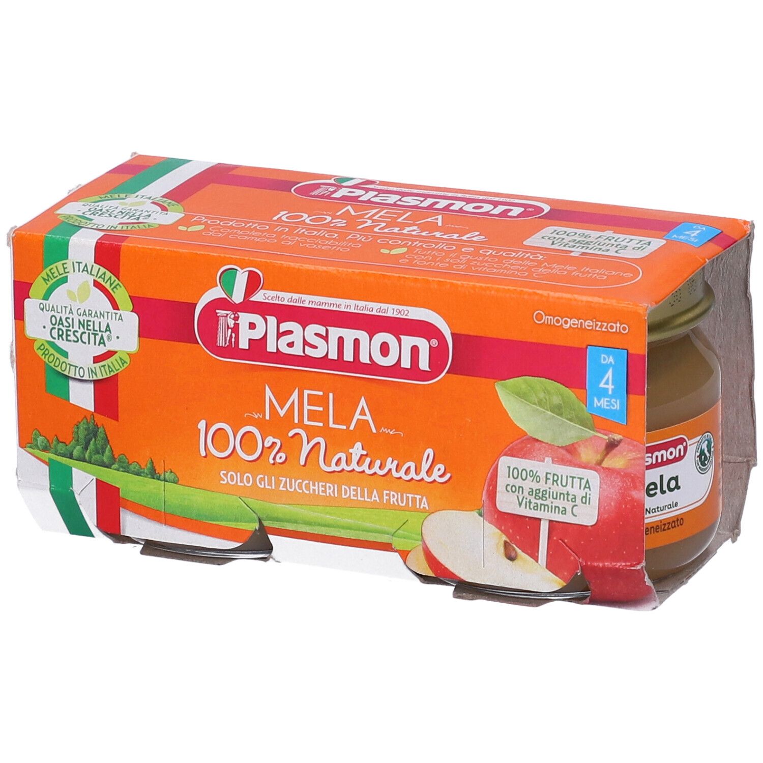 Verpackung mit zwei Gläsern Apfel-Babynahrung. Orangefarbene Schachtel mit Produktnamen und Logo. Italienische Flagge.