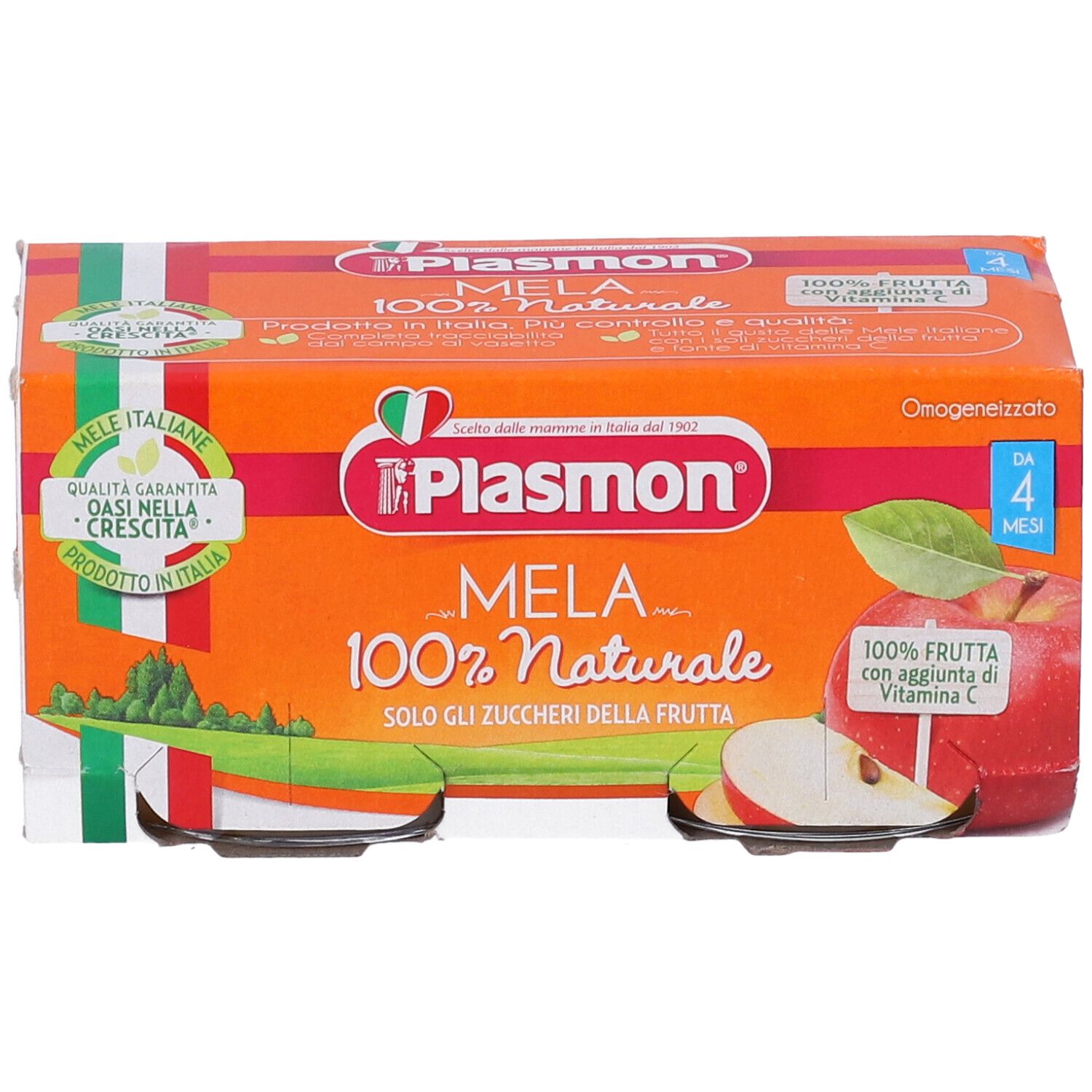 Verpackung mit zwei Gläsern Apfel-Babynahrung. Orangefarbene Schachtel mit Produktnamen und Logo. Italienische Flagge.