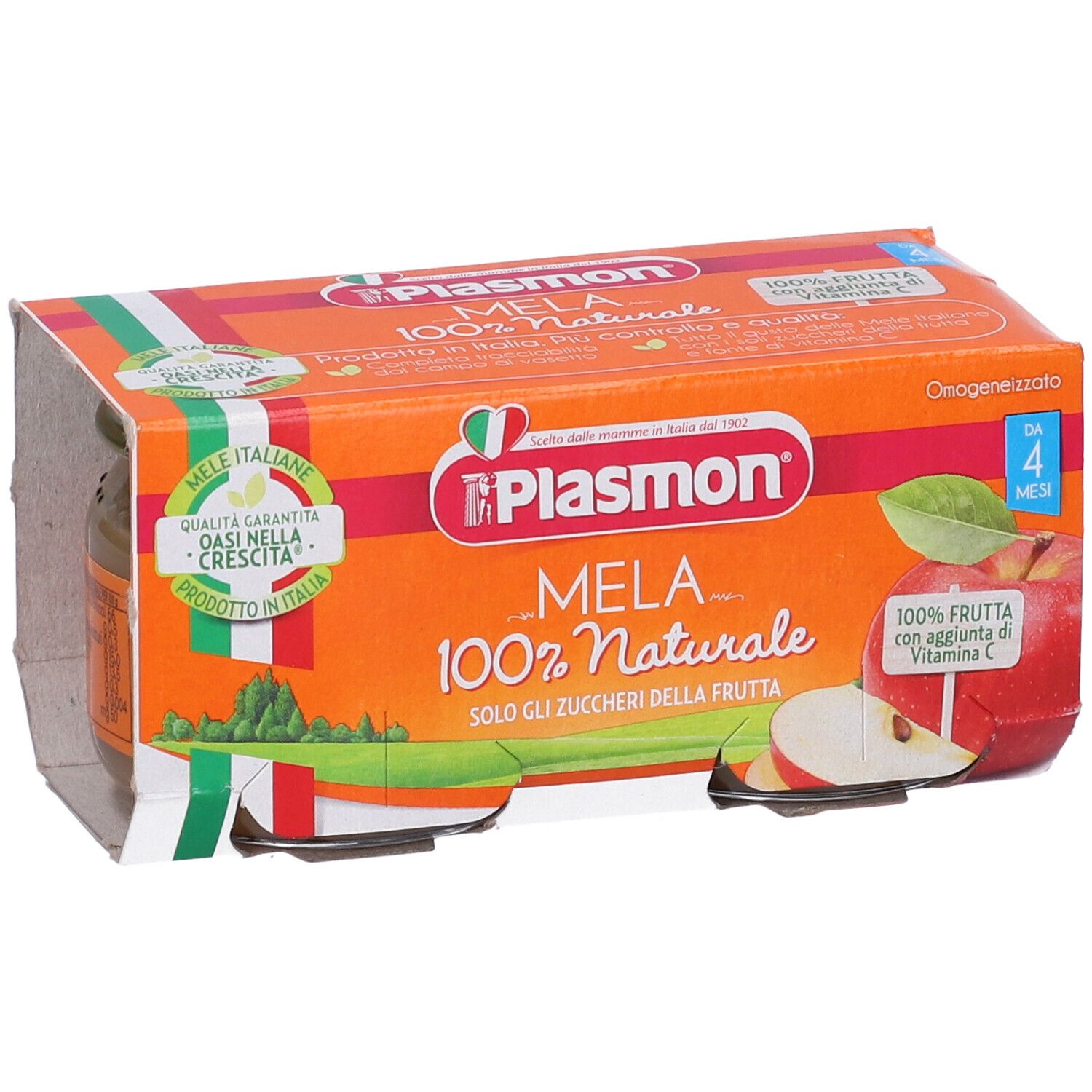 Verpackung mit zwei Gläsern Apfel-Babynahrung. Orangefarbene Schachtel mit Produktnamen und Logo. Italienische Flagge.