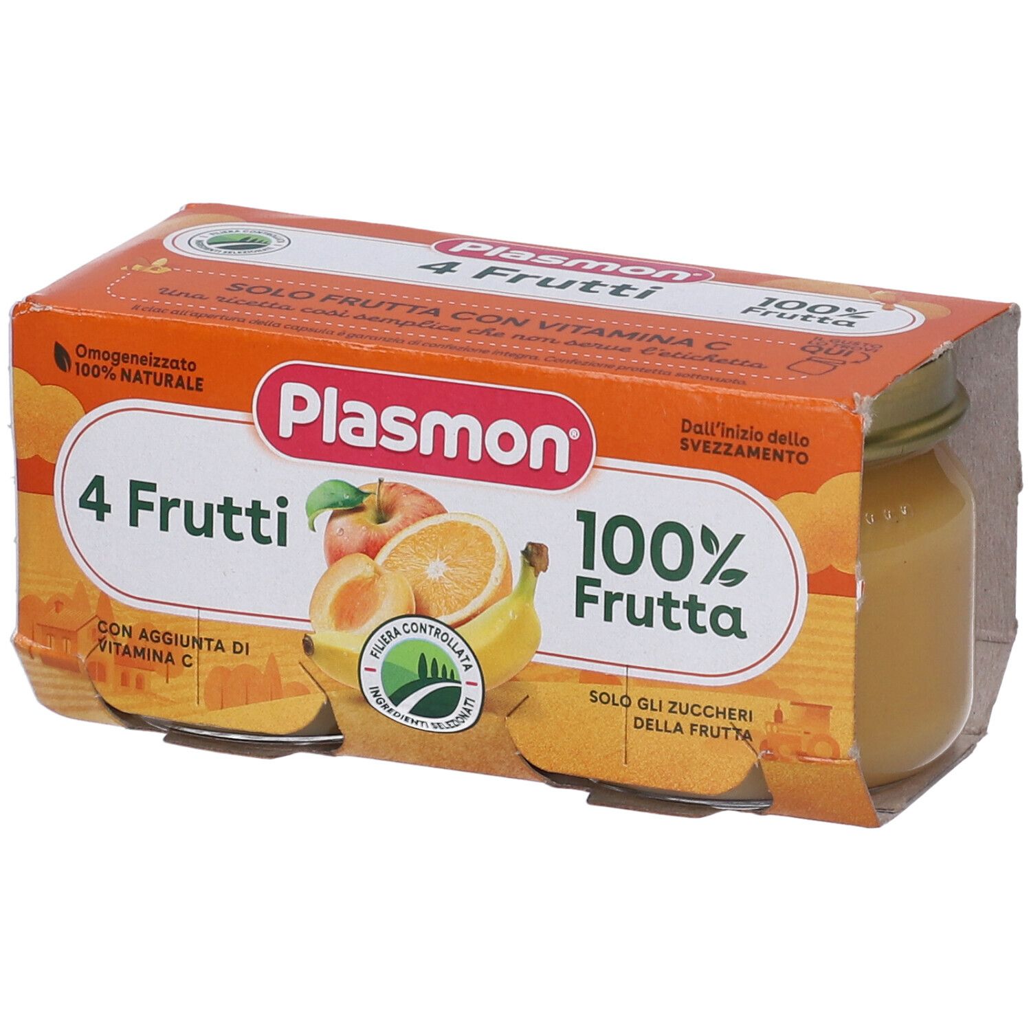 Plasmon 4 Frutti Fruchtpüree-Packung mit vier Gläsern, mit Apfel, Orange und Banane.