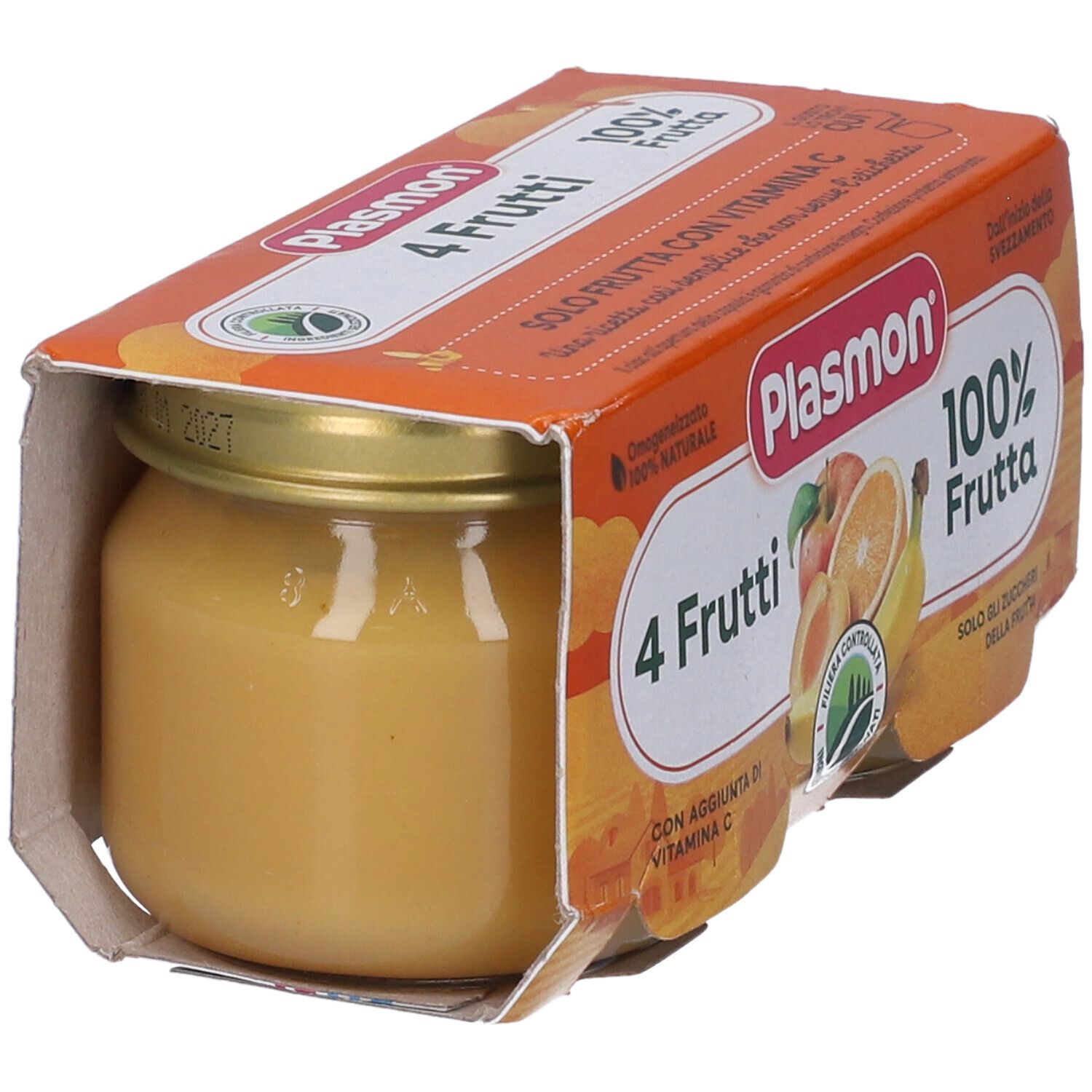 Plasmon 4 Frutti Fruchtmus in einem Glas mit goldenem Deckel, verpackt in einem orangefarbenen Karton.
