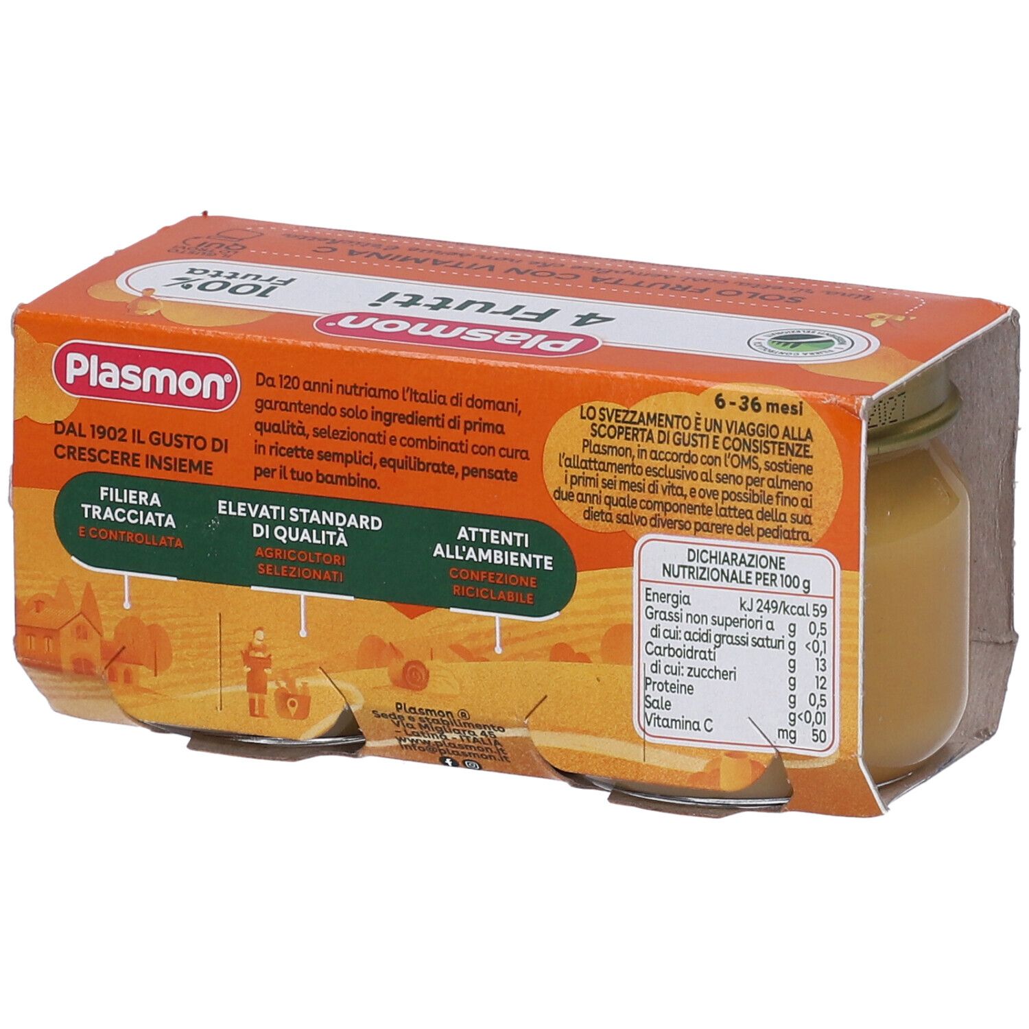 Plasmon 4 Obst-Babybrei Gläser im 4er-Pack.