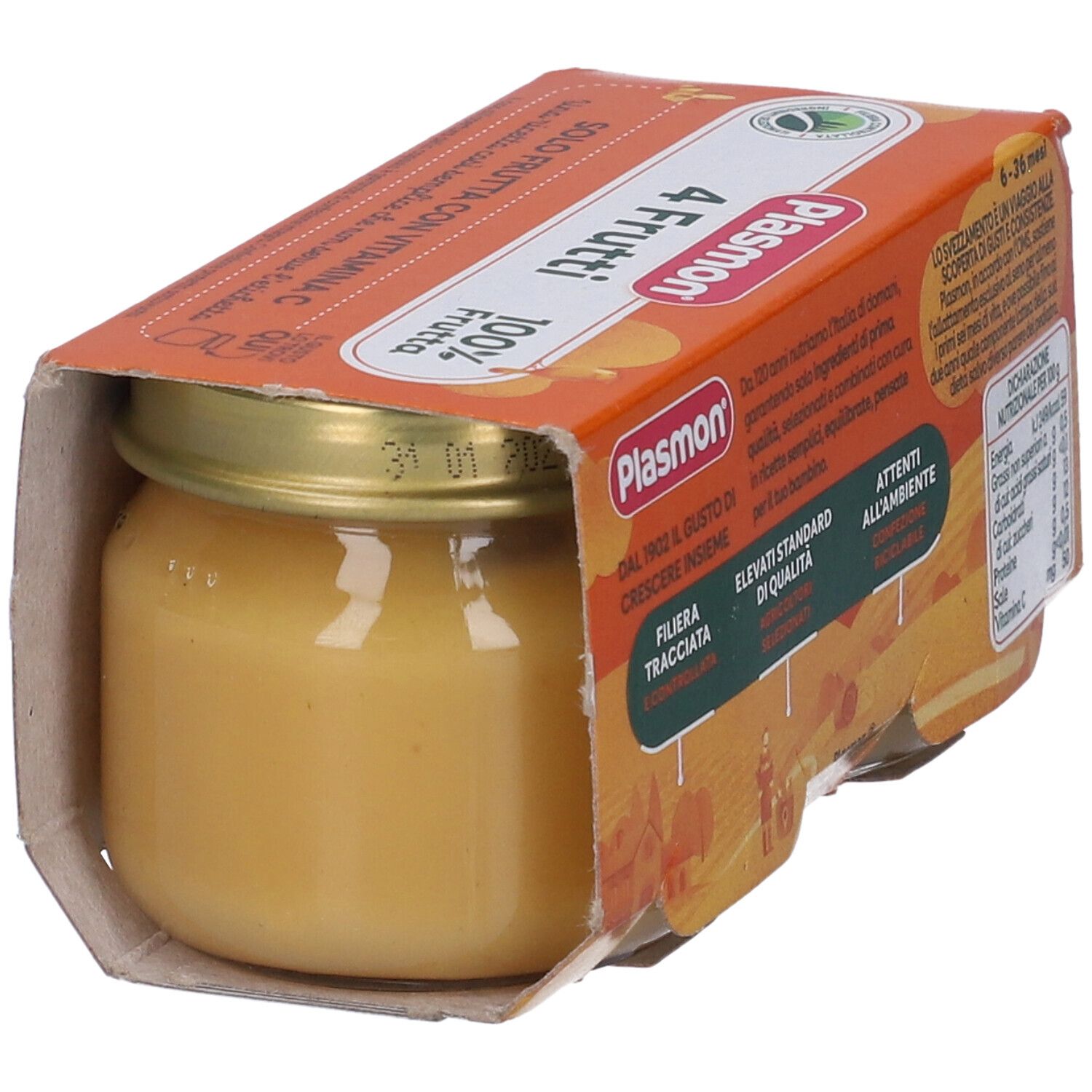 Plasmon Babykostglas mit Fruchtpüree, 4 Früchte, 100% Frucht, mit Vitamin C.