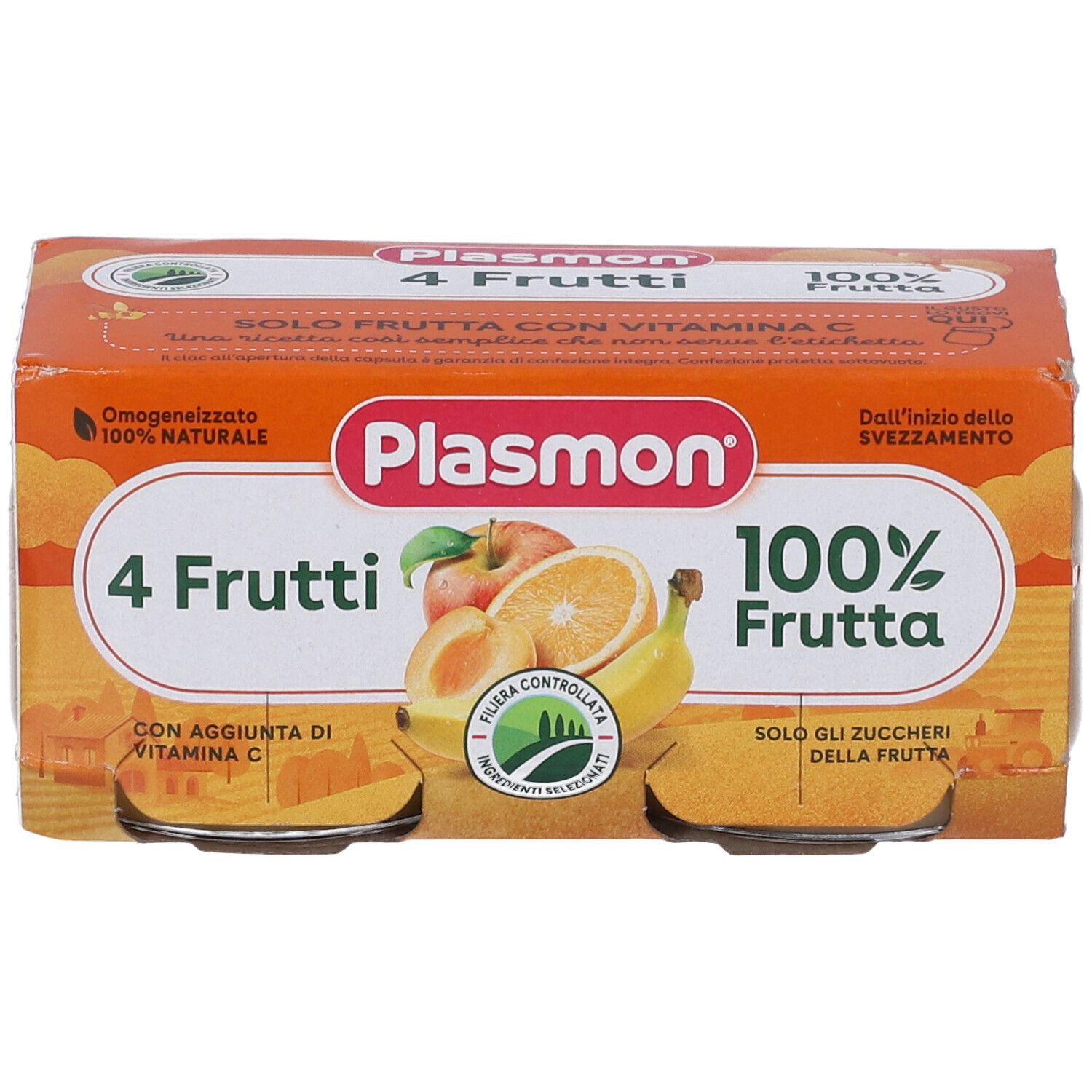 Plasmon 4 Frutti Fruchtpüree-Packung mit Apfel, Orange, Aprikose und Banane. 100% Frucht, mit Vitamin C.