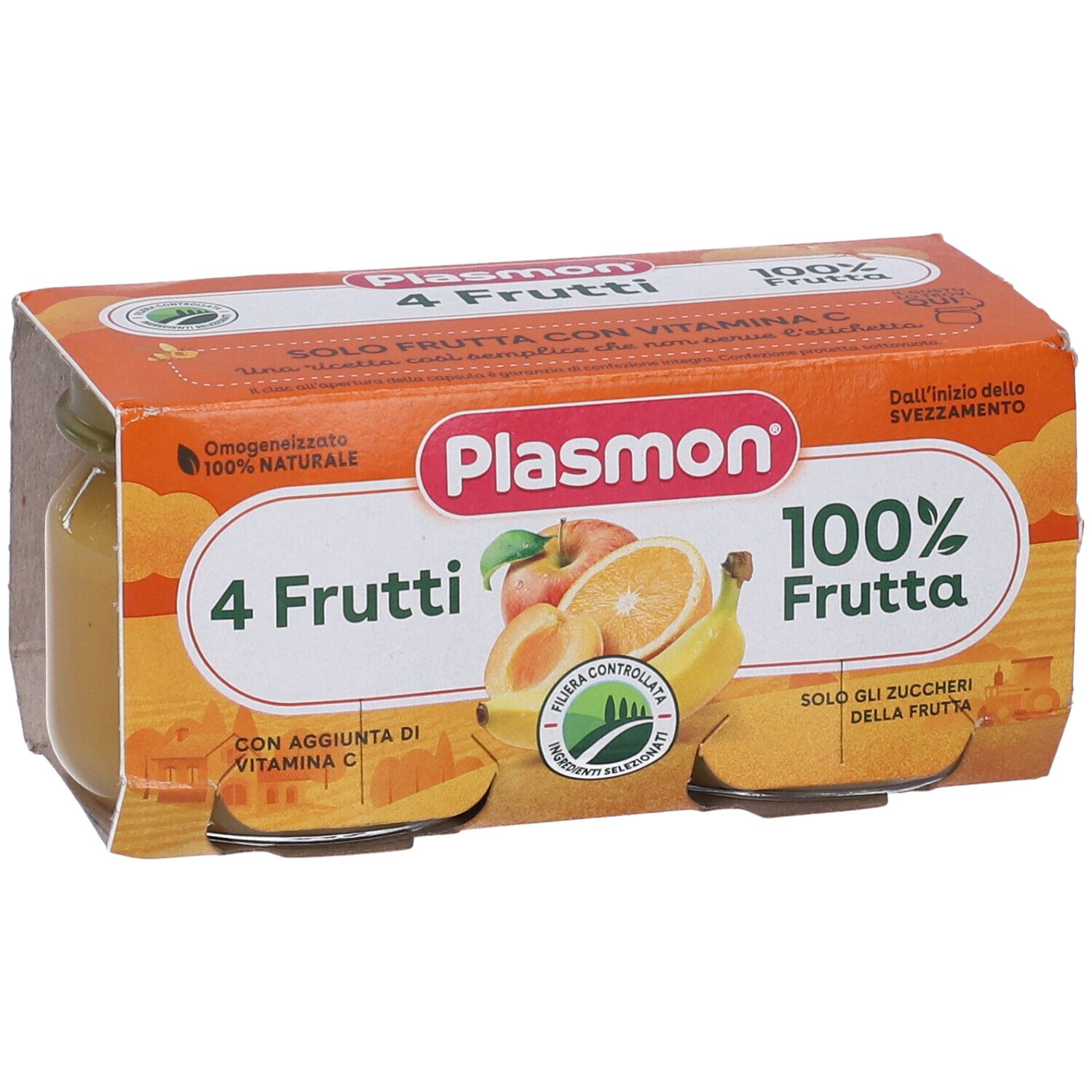 Plasmon 4 Frutti Fruchtpüree im 4er-Pack. 100% Frucht mit Vitamin C.