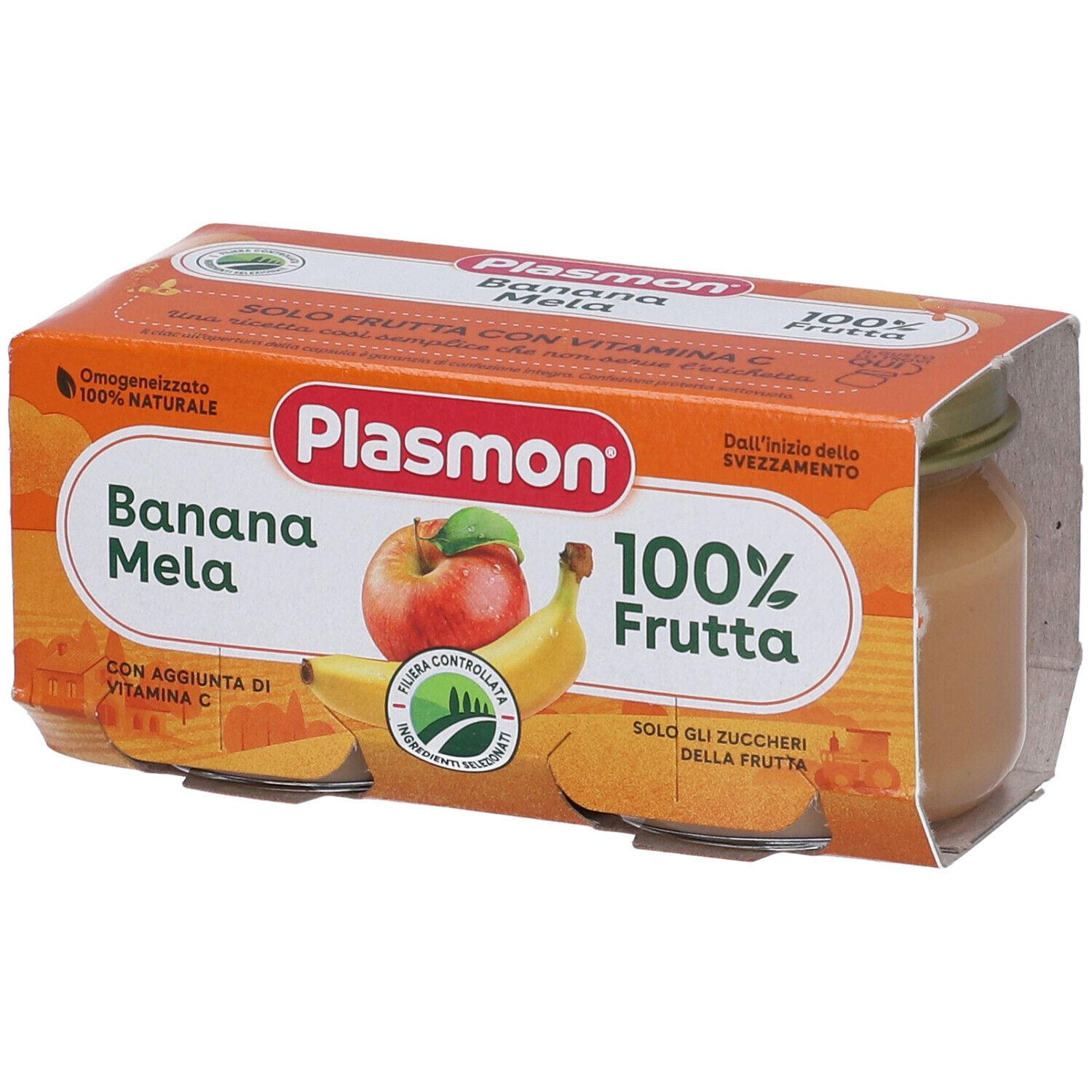 Confezione di due vasetti Plasmon Banana Mela. Confezione arancione con immagini e testo del prodotto.