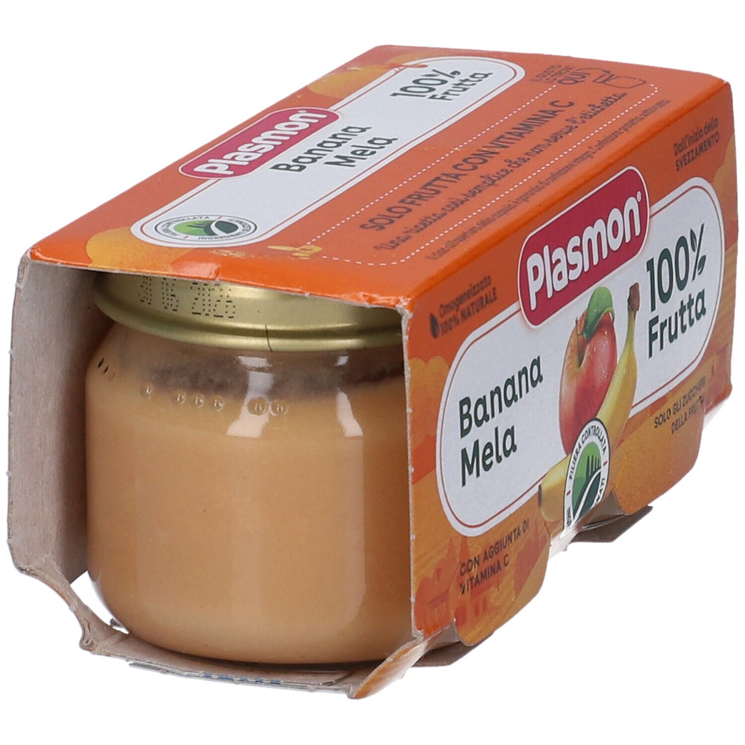 Un vasetto Plasmon Banana Mela in una confezione aperta. Prodotto visibile e dettagli della confezione.
