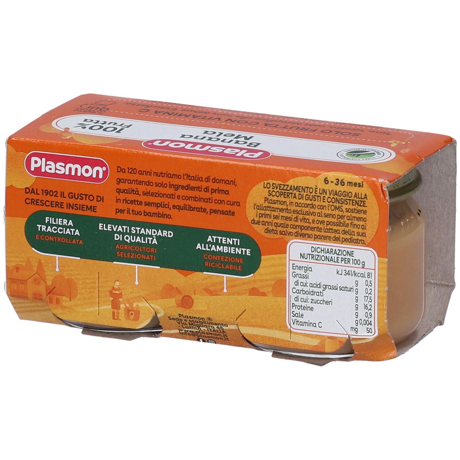 Retro della confezione con testo e informazioni nutrizionali. Confezione arancione con informazioni sul prodotto.