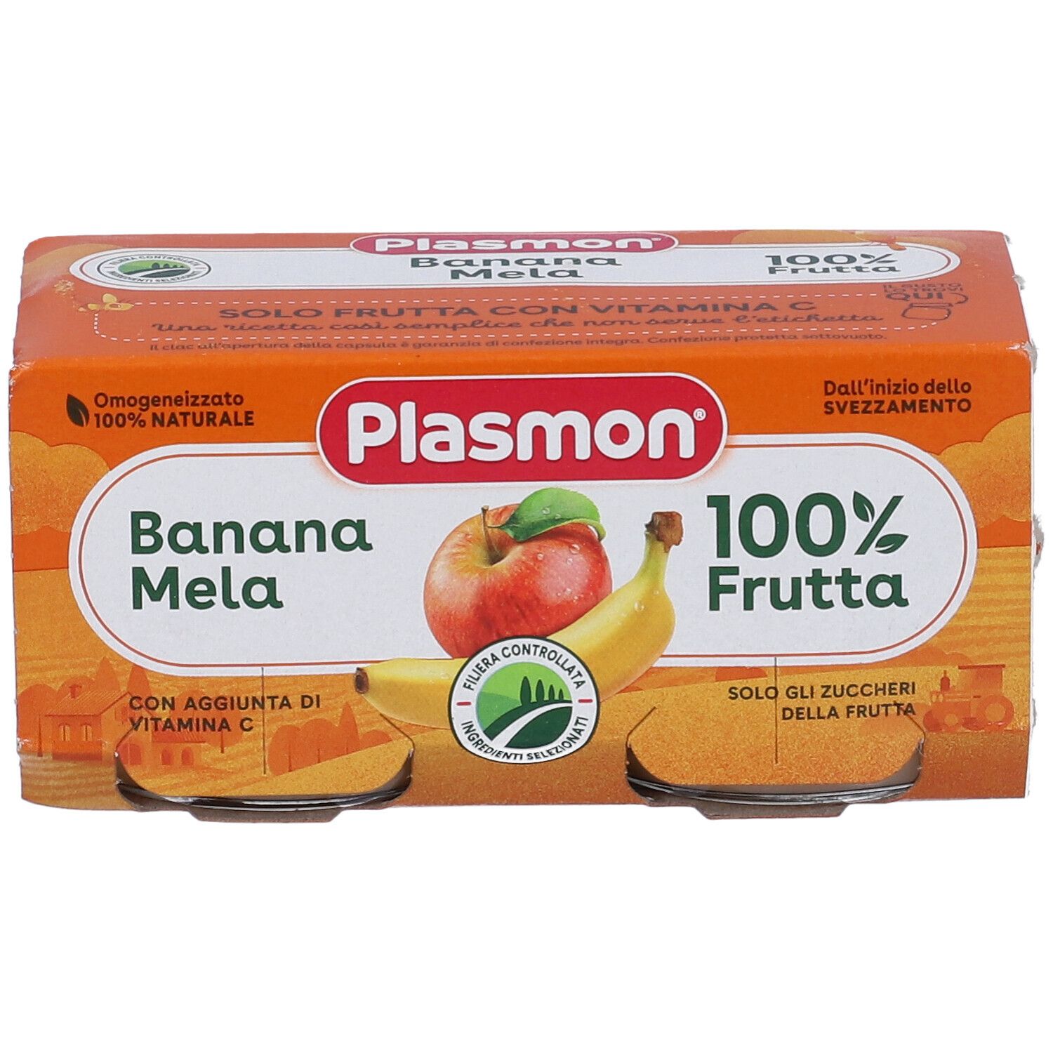 Confezione di due vasetti Plasmon Banana Mela. Confezione arancione con immagini e testo del prodotto.