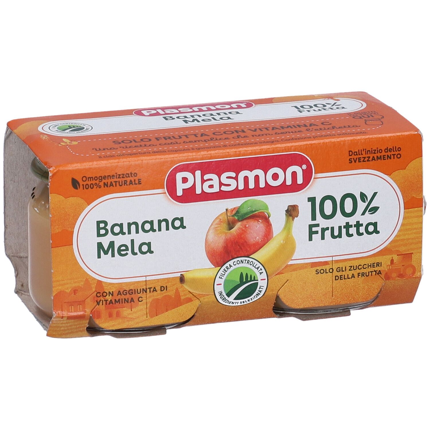 Confezione di due vasetti Plasmon Banana Mela. Confezione arancione con immagini e testo del prodotto.