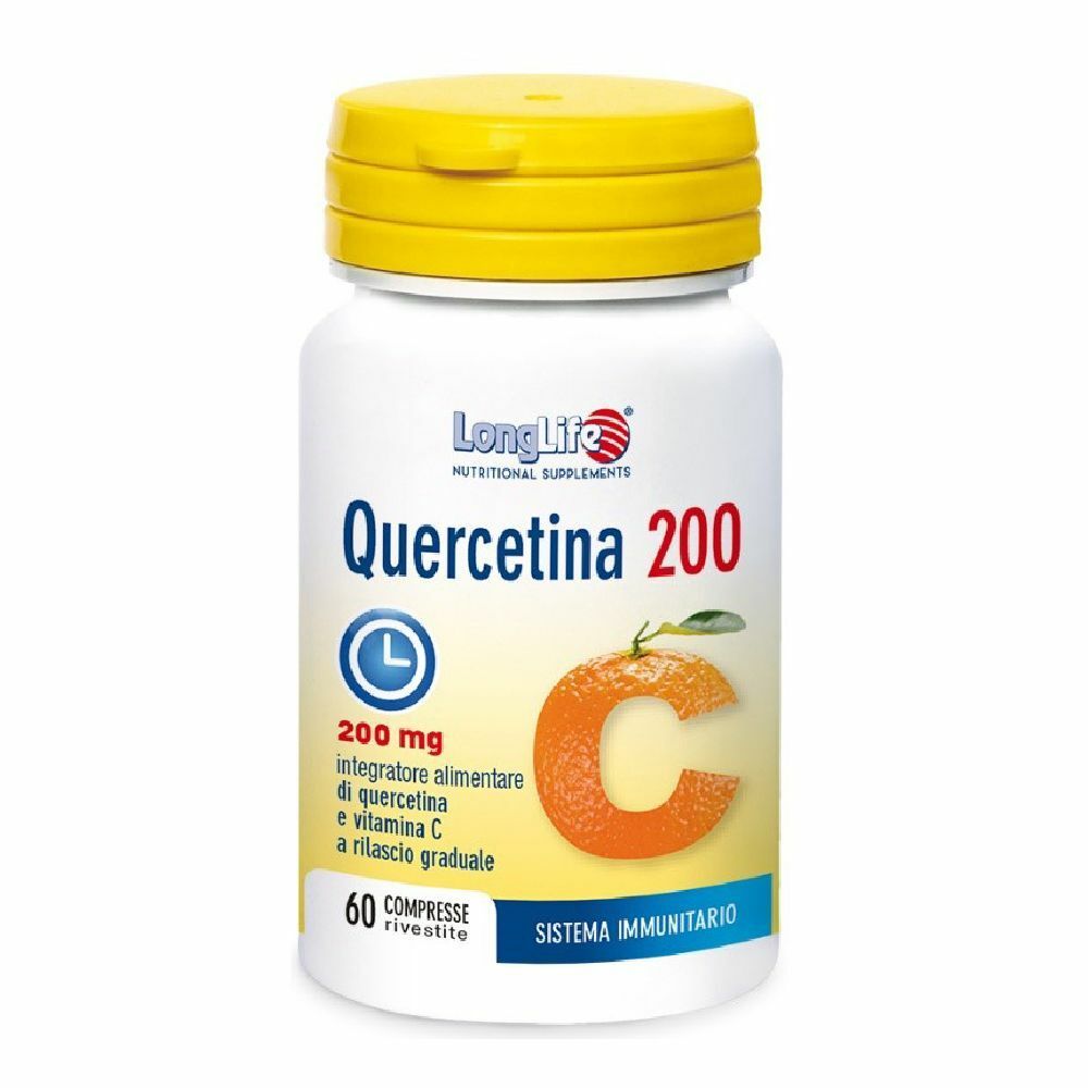 Flacone bianco con tappo giallo. Scritta: Quercetina 200, 200 mg, 60 compresse. Marchio: LongLife. Immagine di un'arancia.