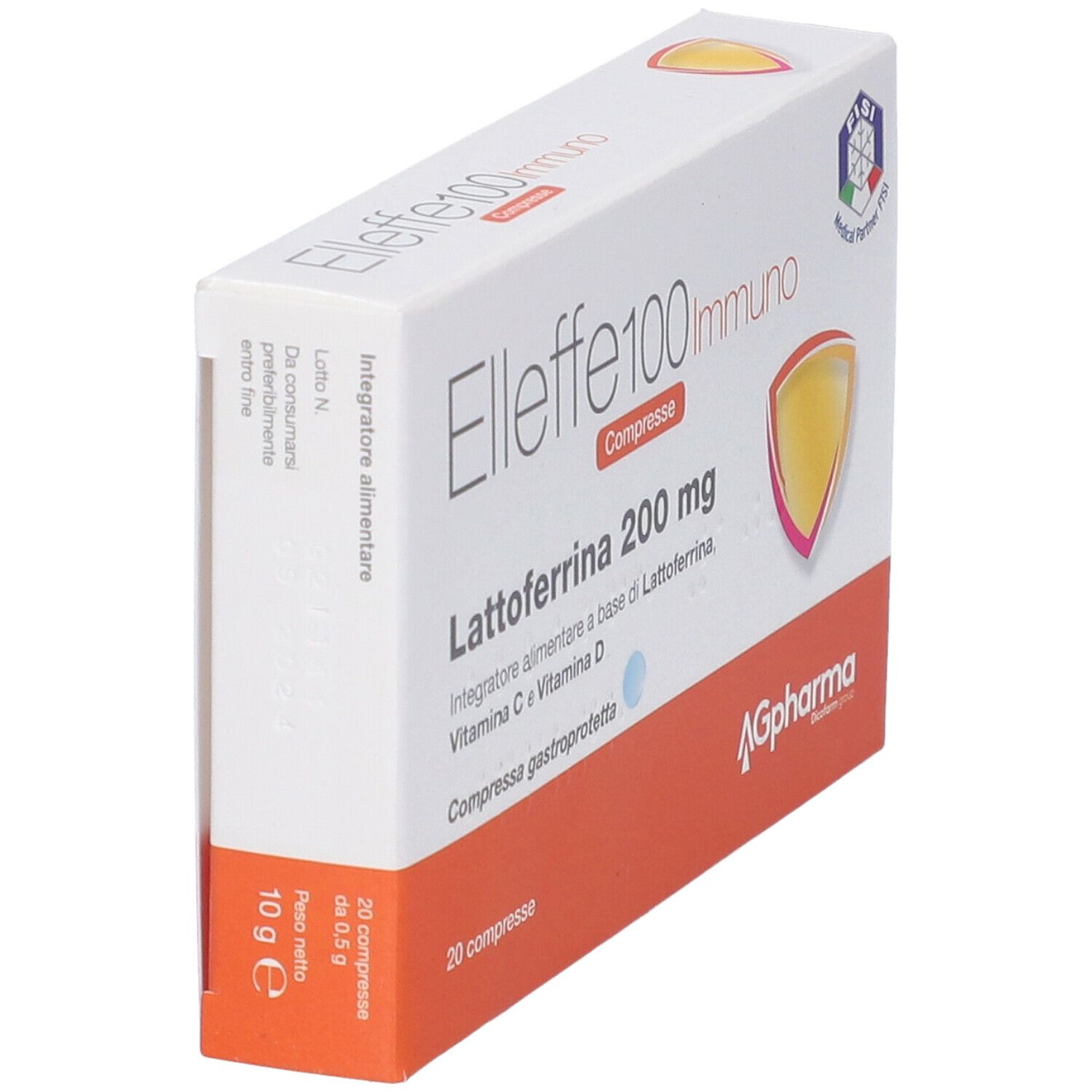 Scatola di compresse Elleffe 100 Immuno. Contiene Lattoferrina 200 mg, Vitamina C e D. 20 compresse.
