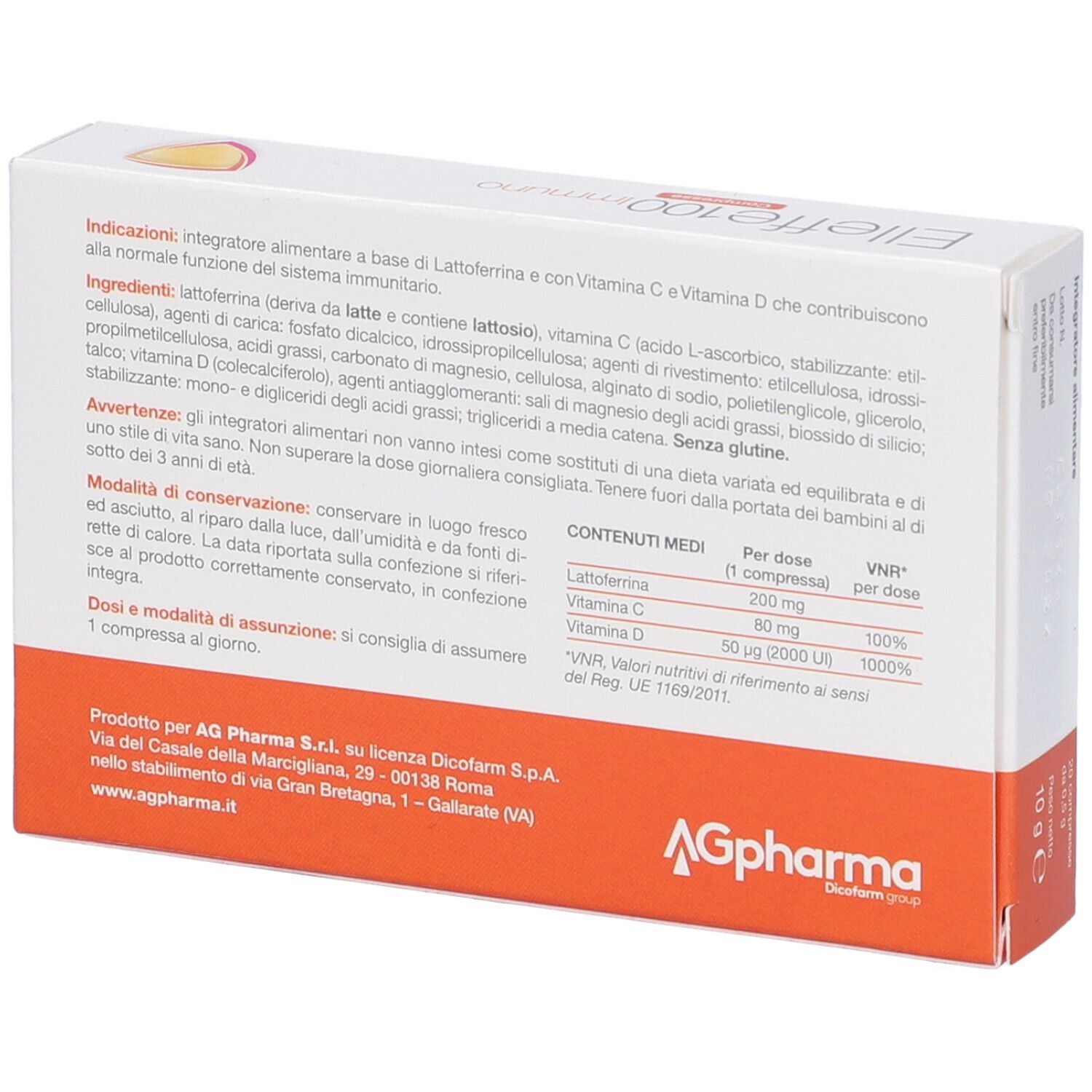 Retro della scatola di compresse Elleffe 100 Immuno. Contiene informazioni sugli ingredienti e i valori nutrizionali.