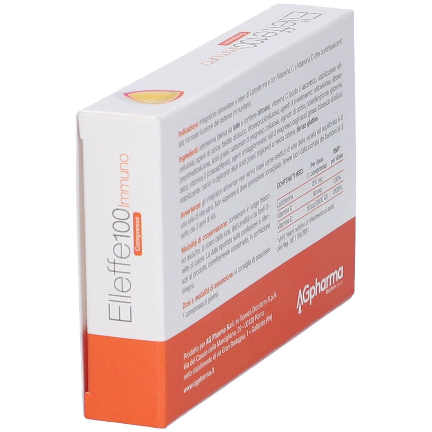 Scatola di compresse Elleffe 100 Immuno. Contiene informazioni sugli ingredienti e i valori nutrizionali.