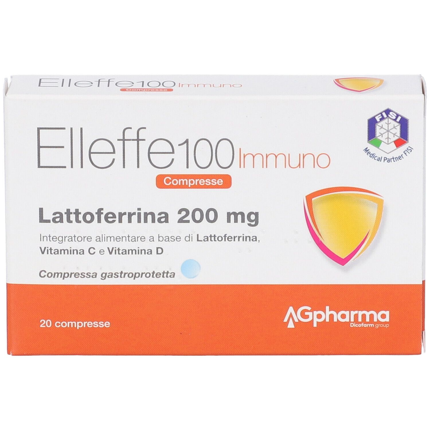 Scatola di compresse Elleffe 100 Immuno. Contiene Lattoferrina 200 mg, Vitamina C e D. 20 compresse.