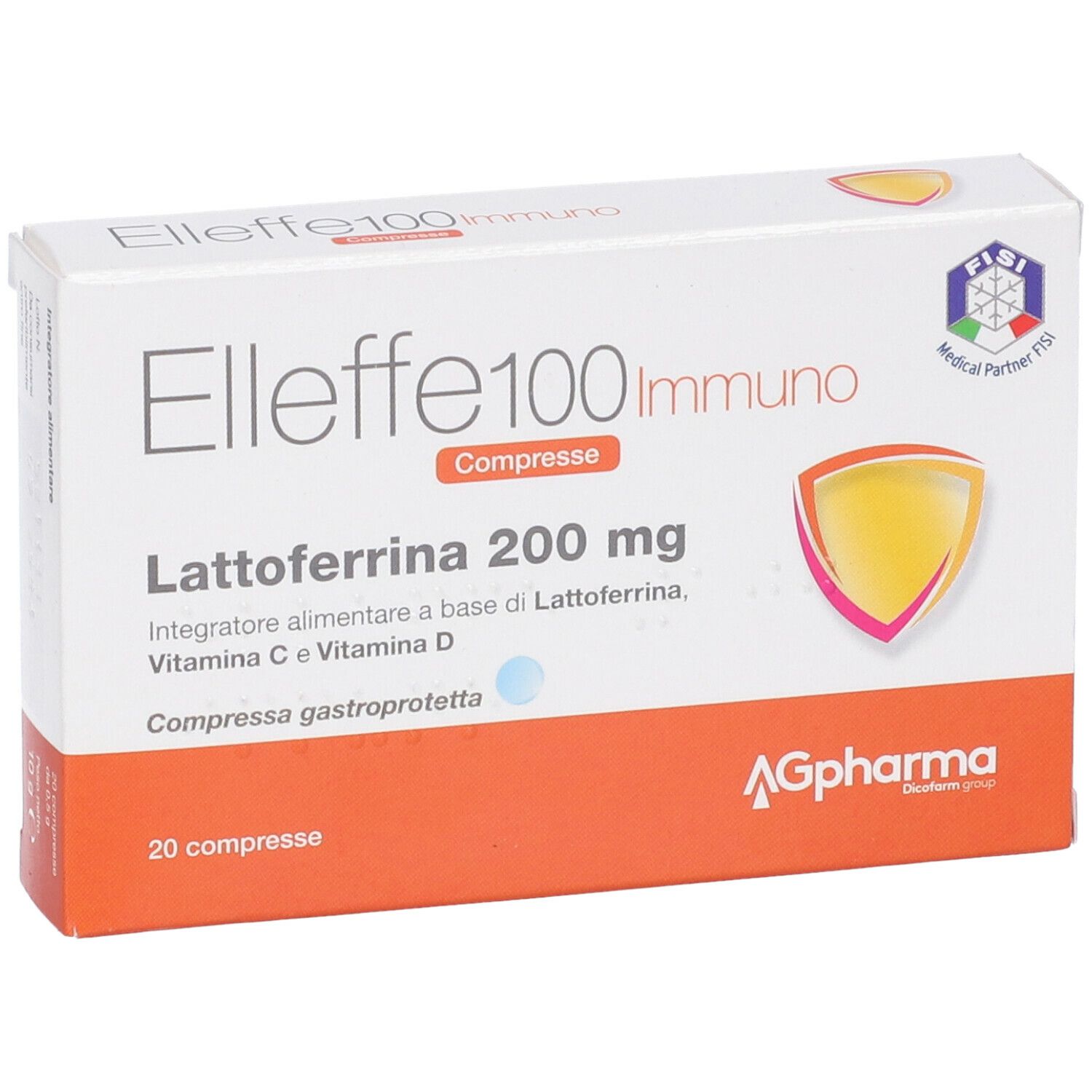 Scatola di compresse Elleffe 100 Immuno. Contiene Lattoferrina 200 mg, Vitamina C e D. 20 compresse.