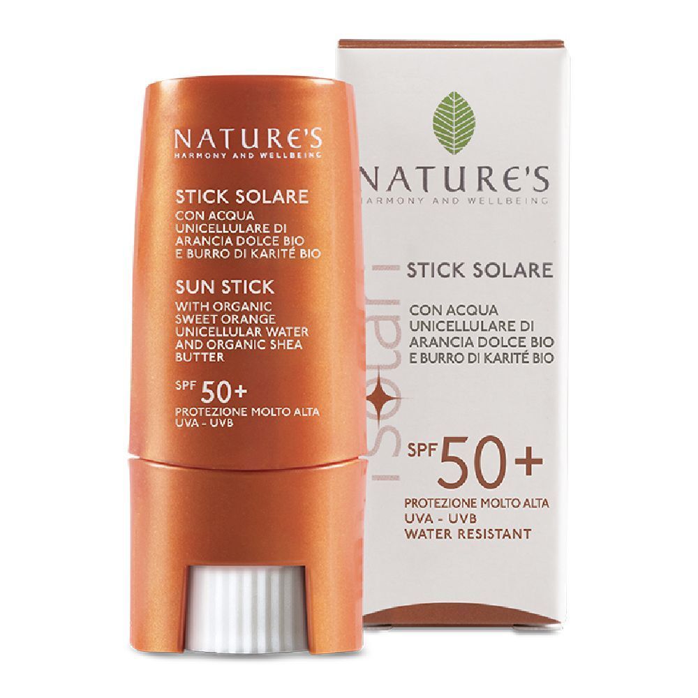 Stick solare arancione e confezione. Testo: NATURE's, Stick Solare SPF50+, UVA-UVB.